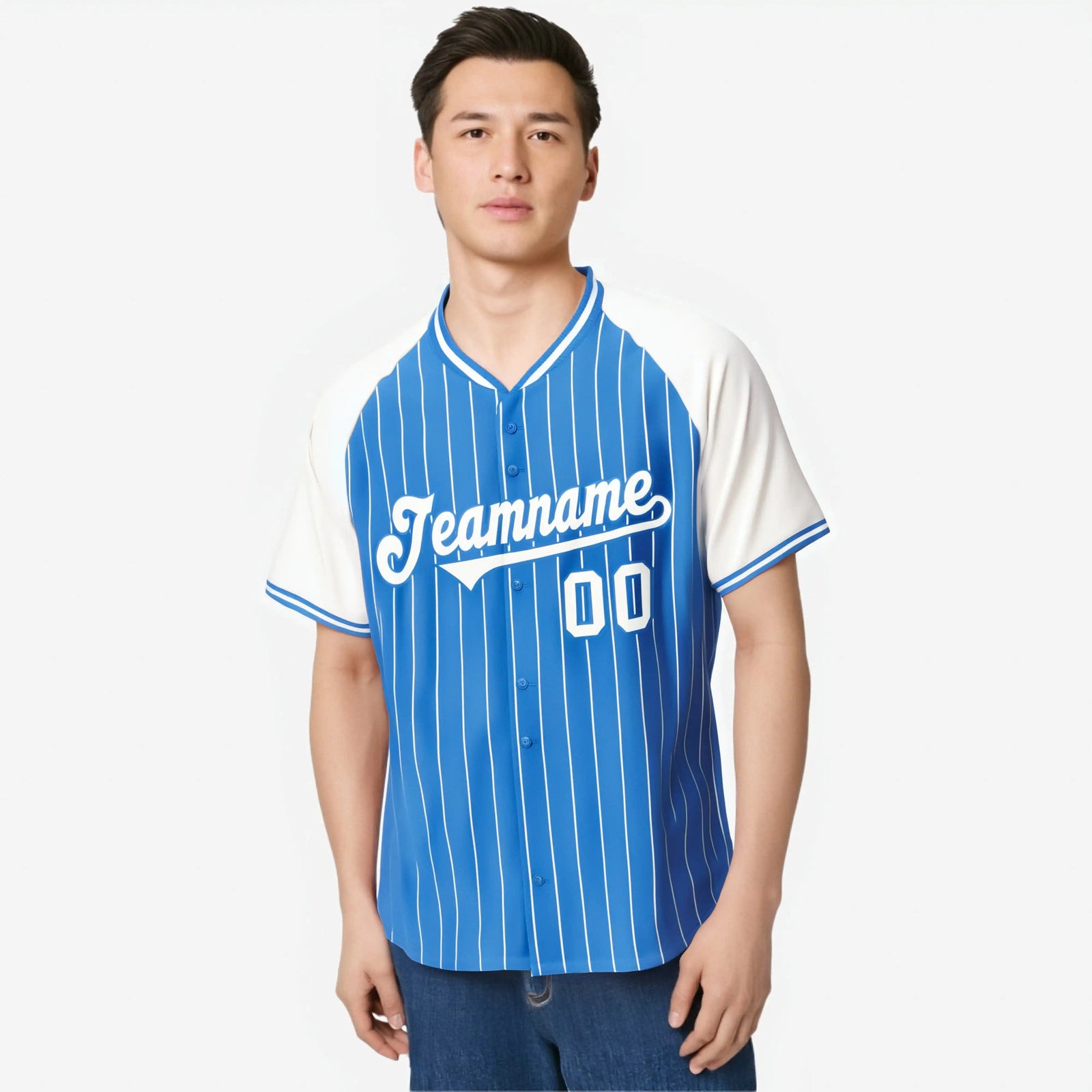 Custom Powder Blue-White Pinstripe Authentic Raglan Sleeves Baseball Jersey