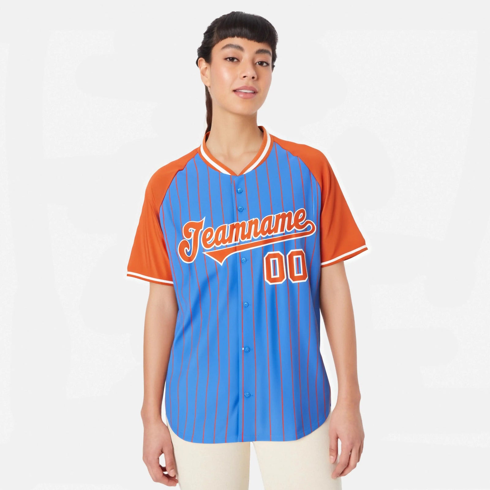Custom Blue Orange Pinstripe Orange-Blue Authentic Raglan Sleeves Baseball Jersey
