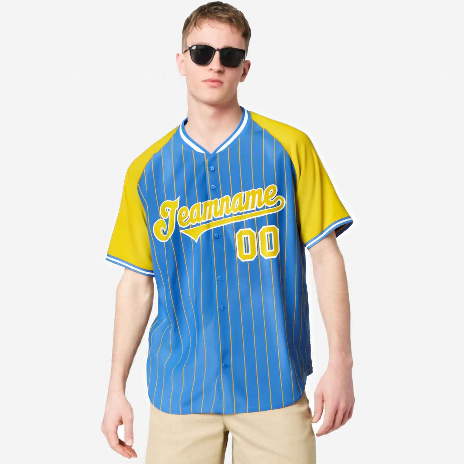Custom Blue Yellow Pinstripe Yellow-Blue Authentic Raglan Sleeves Baseball Jersey