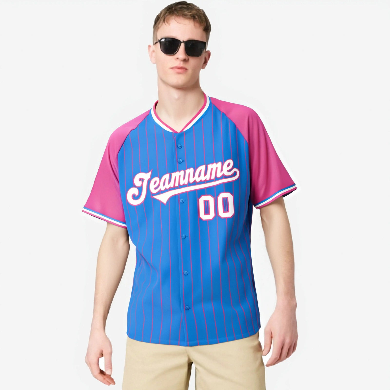 Custom Blue Pink Pinstripe Pink-Blue Authentic Raglan Sleeves Baseball Jersey