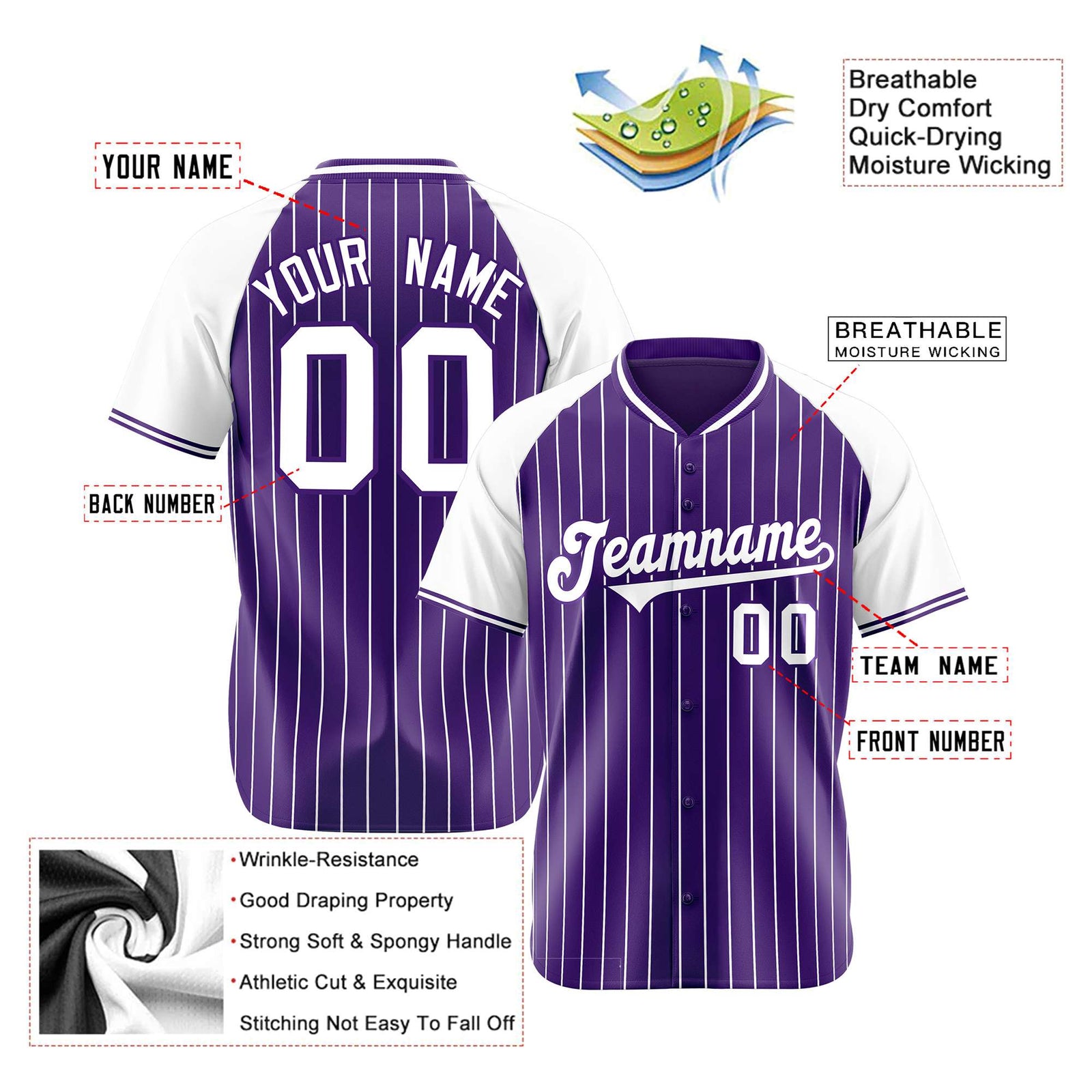 Custom Purple White Pinstripe White Purple Authentic Raglan Sleeves Baseball Jersey