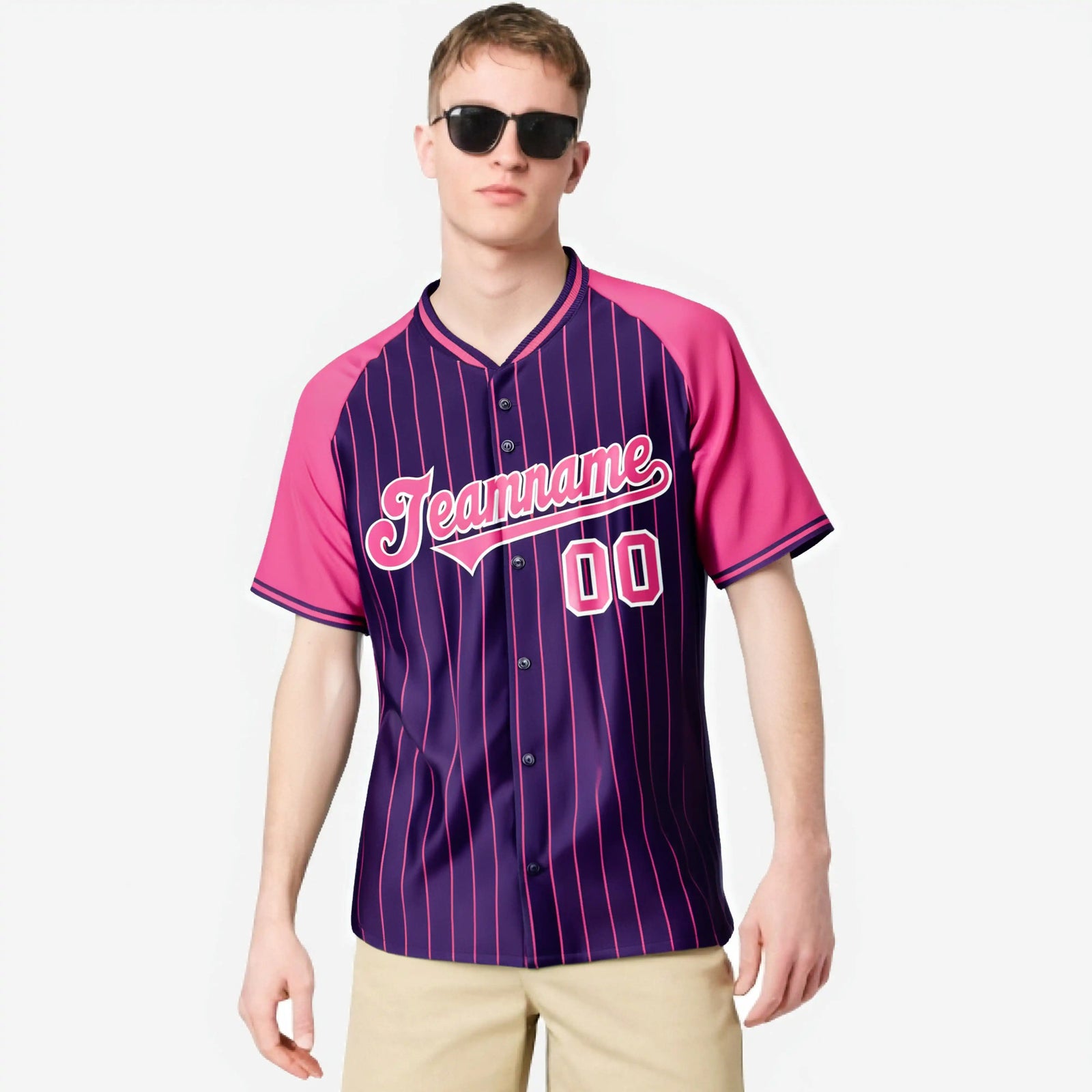 Custom Purple Pink Pinstripe Pink Purple Authentic Raglan Sleeves Baseball Jersey