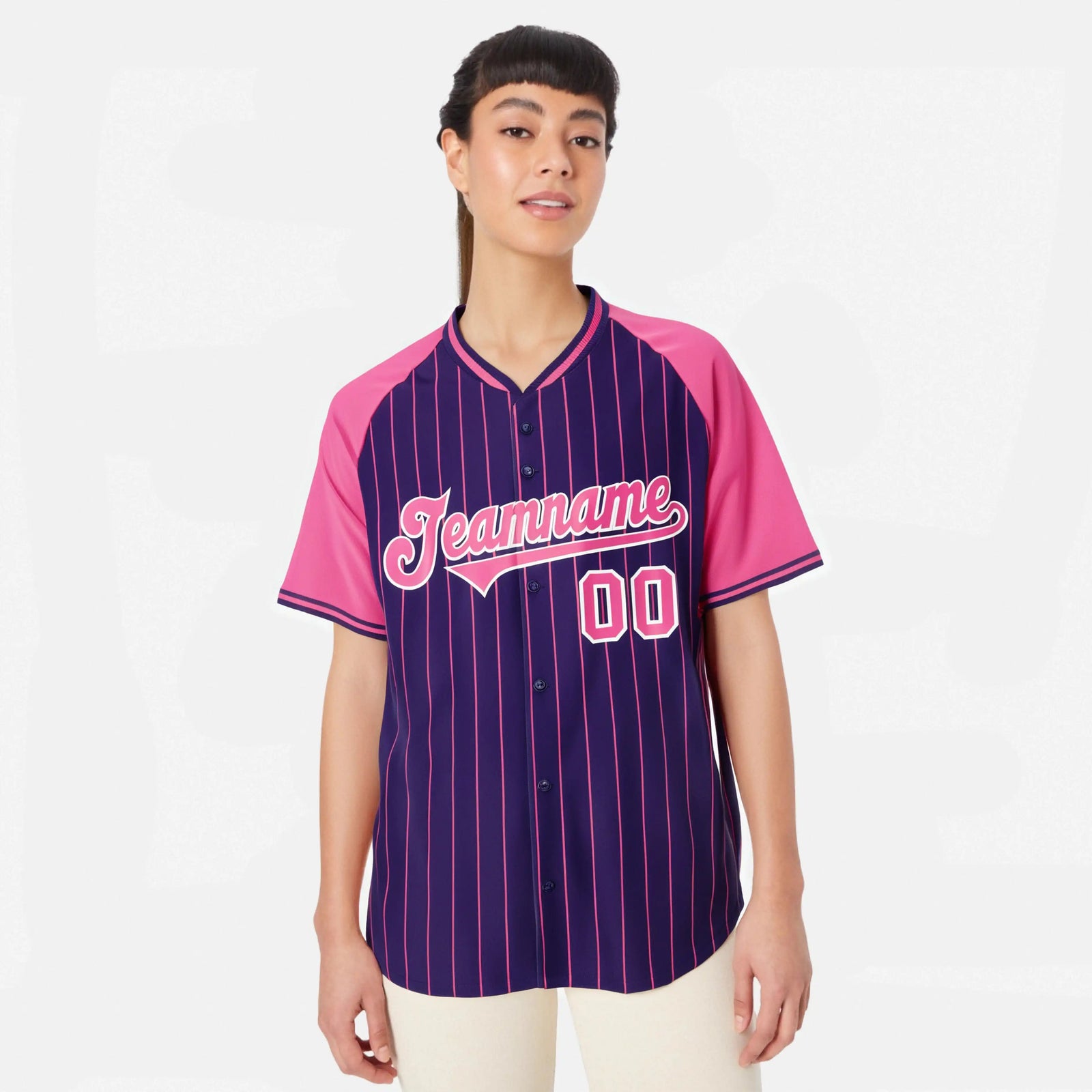 Custom Purple Pink Pinstripe Pink Purple Authentic Raglan Sleeves Baseball Jersey