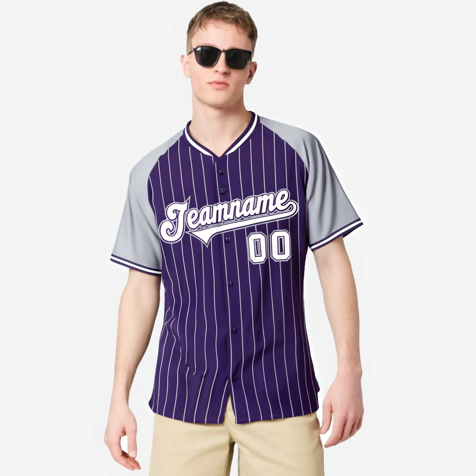 Custom Purple Gray Pinstripe Gray Purple Authentic Raglan Sleeves Baseball Jersey