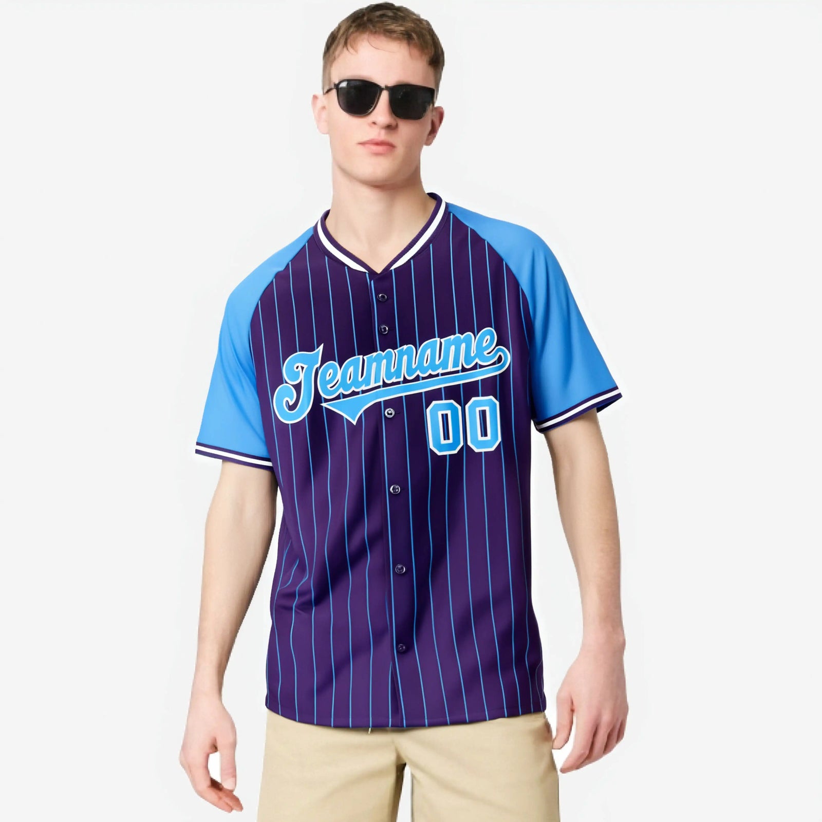 Custom Purple Blue Pinstripe Blue-Purple Authentic Raglan Sleeves Baseball Jersey