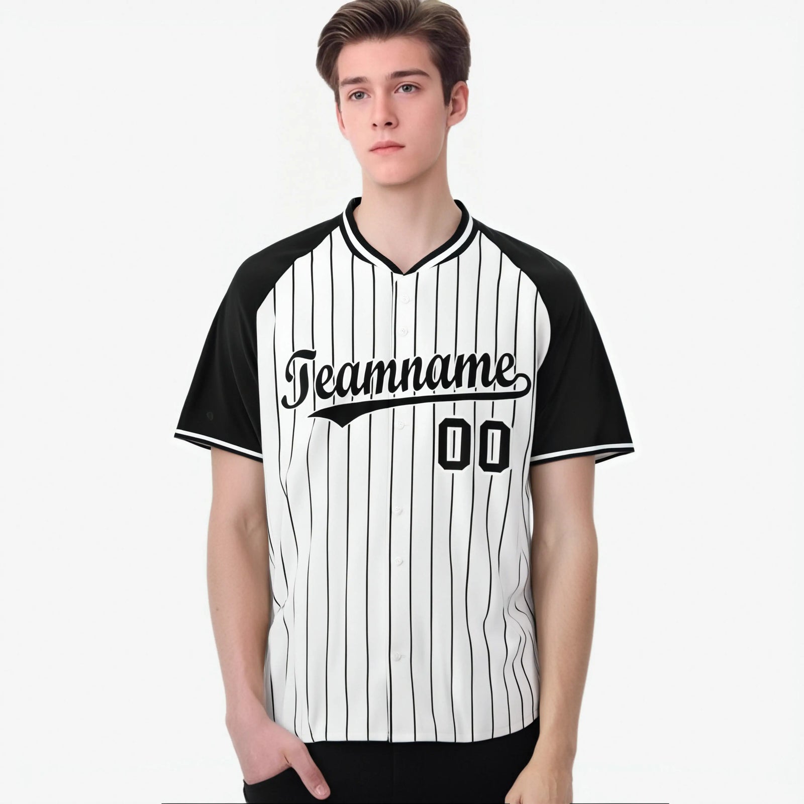 Custom White Black Pinstripe Black-White Authentic Raglan Sleeves Baseball Jersey