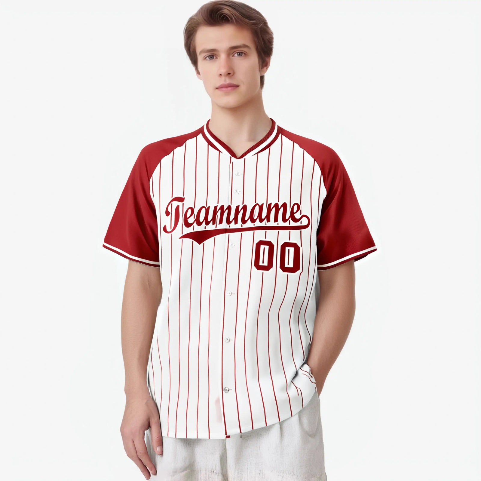 Custom White Red Pinstripe Red-White Authentic Raglan Sleeves Baseball Jersey