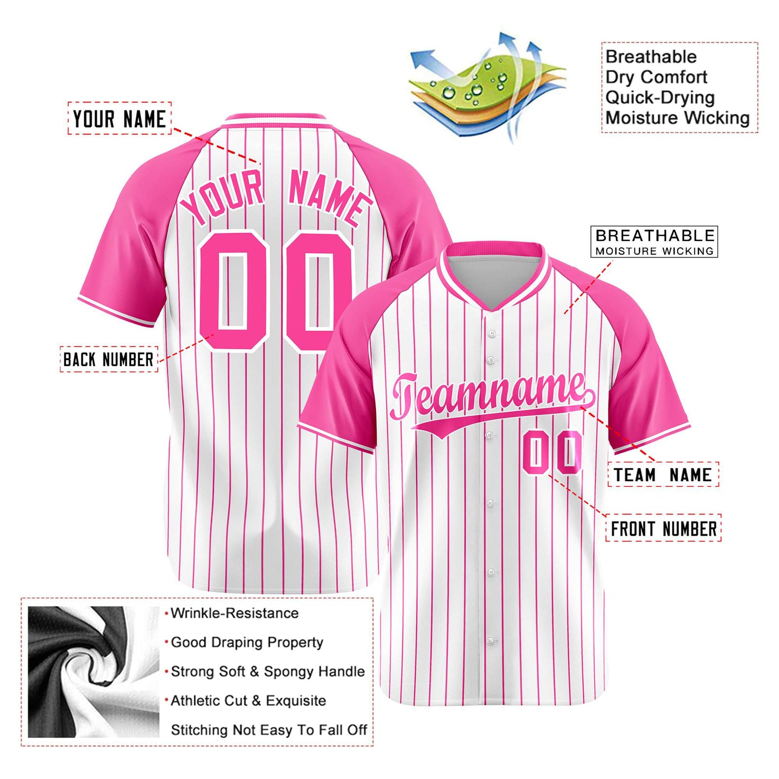 Custom White Pink Pinstripe Pink-White Authentic Raglan Sleeves Baseball Jersey