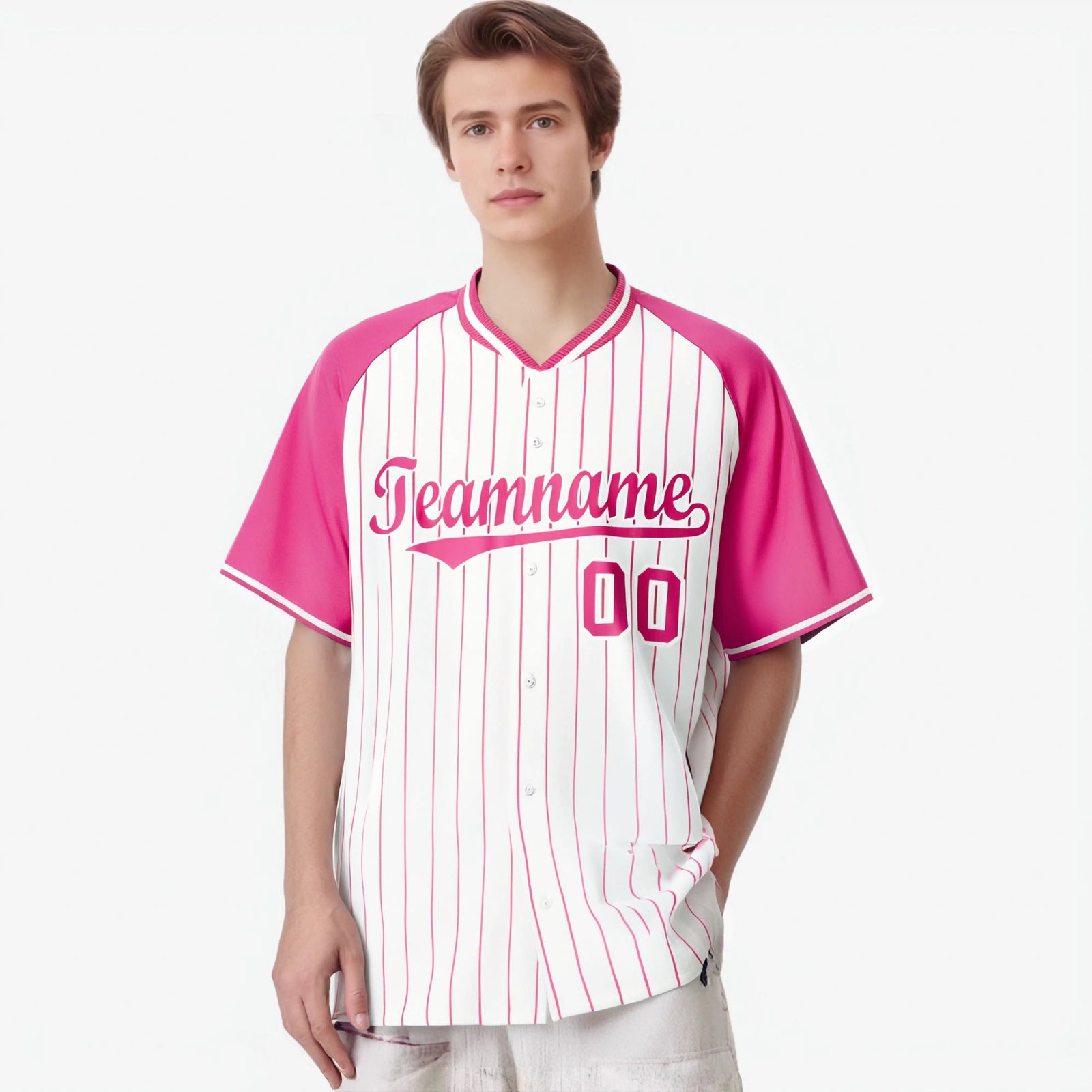 Custom White Pink Pinstripe Pink-White Authentic Raglan Sleeves Baseball Jersey