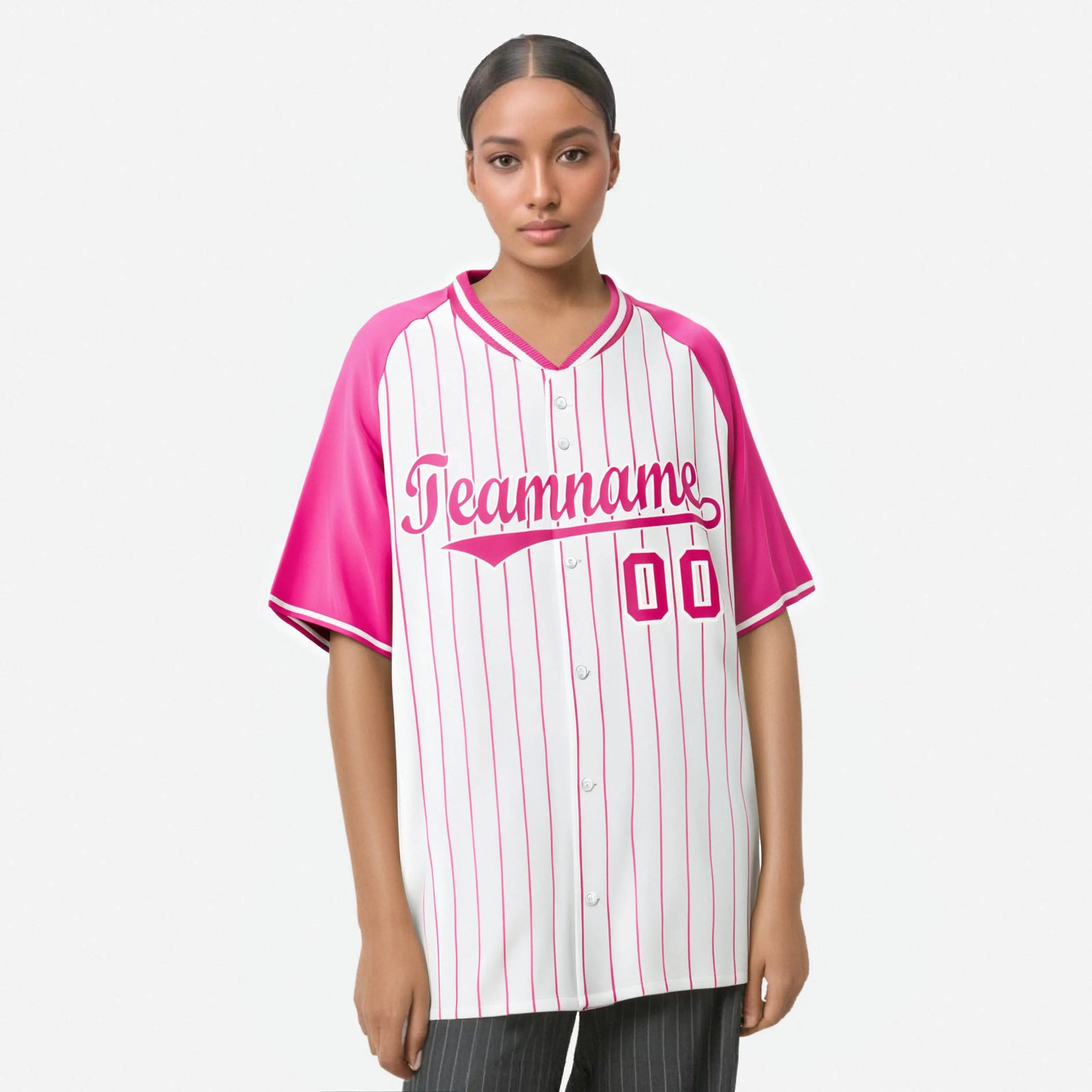 Custom White Pink Pinstripe Pink-White Authentic Raglan Sleeves Baseball Jersey