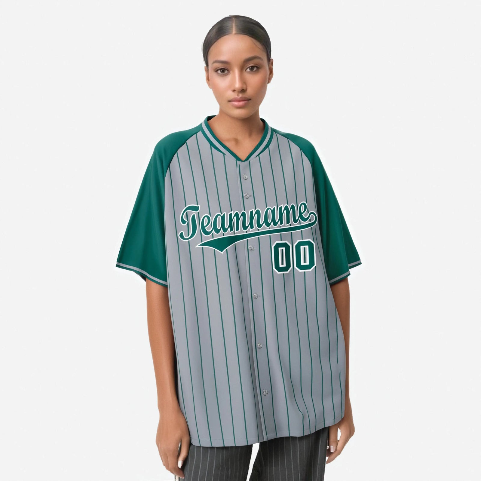 Custom Gray Aqua Pinstripe Authentic Raglan Sleeves Baseball Jersey