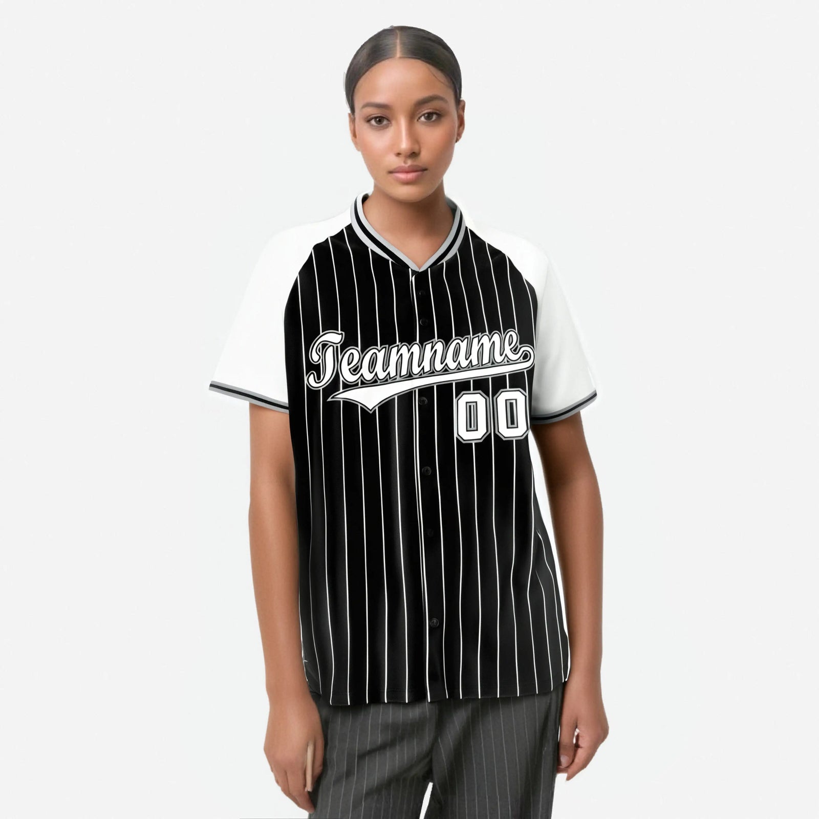 Custom Black White Pinstripe White-Black Authentic Raglan Sleeves Baseball Jersey
