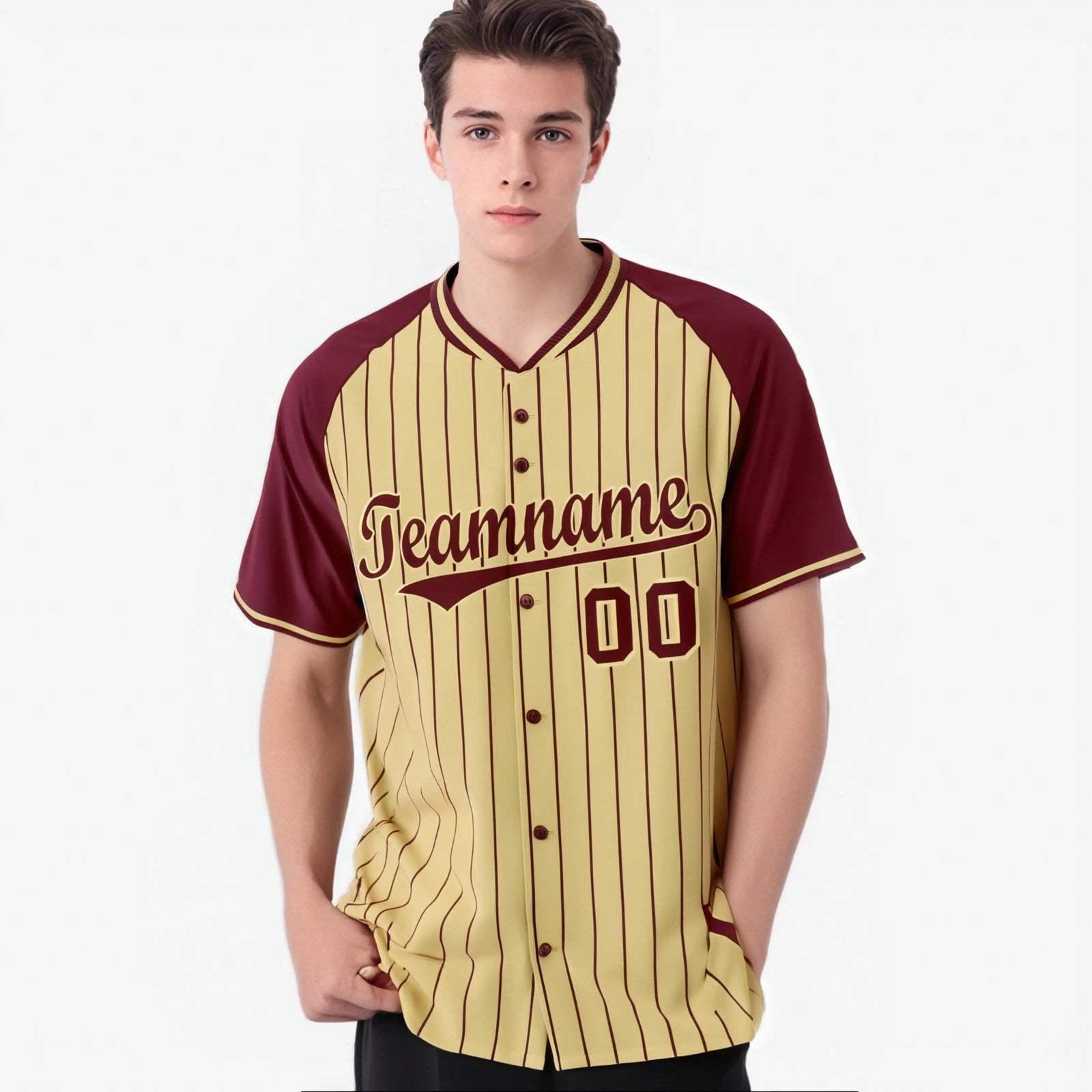Custom Khaki Crimson Pinstripe Authentic Raglan Sleeves Baseball Jersey