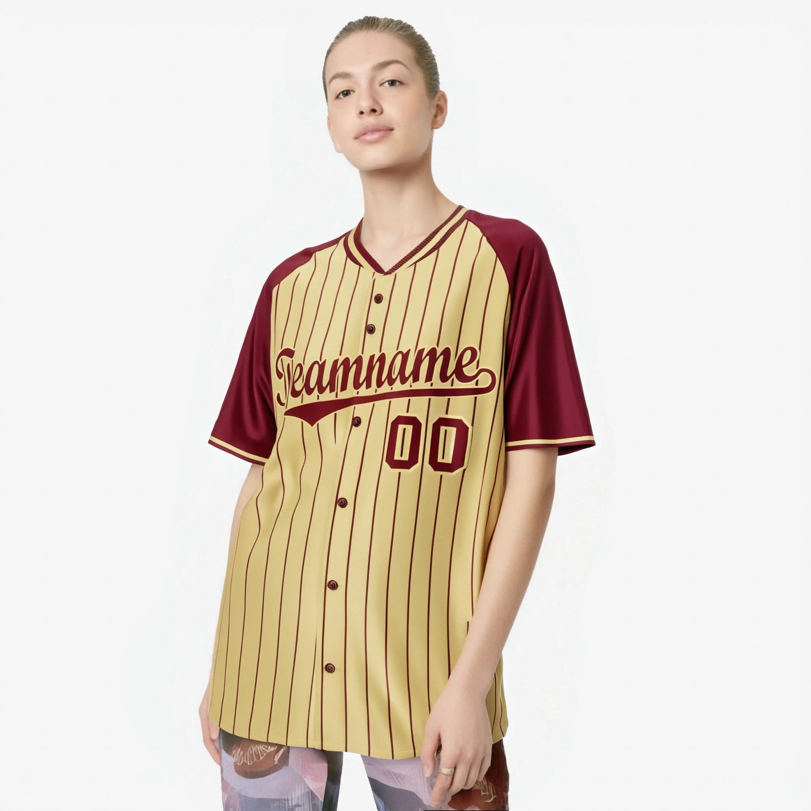 Custom Khaki Crimson Pinstripe Authentic Raglan Sleeves Baseball Jersey