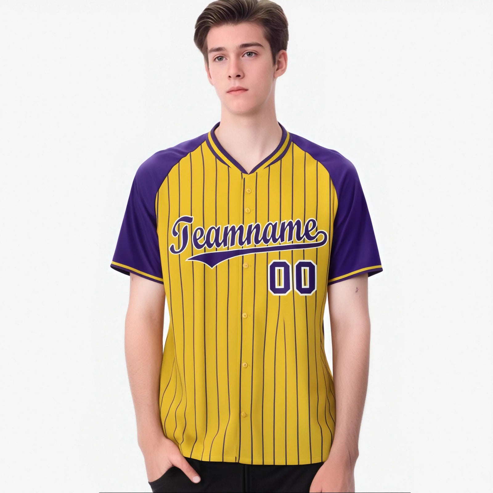 Custom Gold Purple Pinstripe Purple Gold Authentic Raglan Sleeves Baseball Jersey