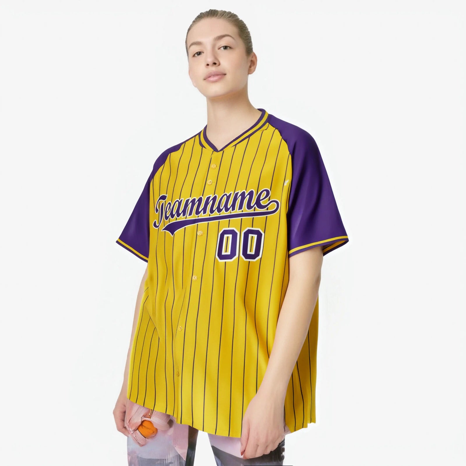 Custom Gold Purple Pinstripe Purple Gold Authentic Raglan Sleeves Baseball Jersey