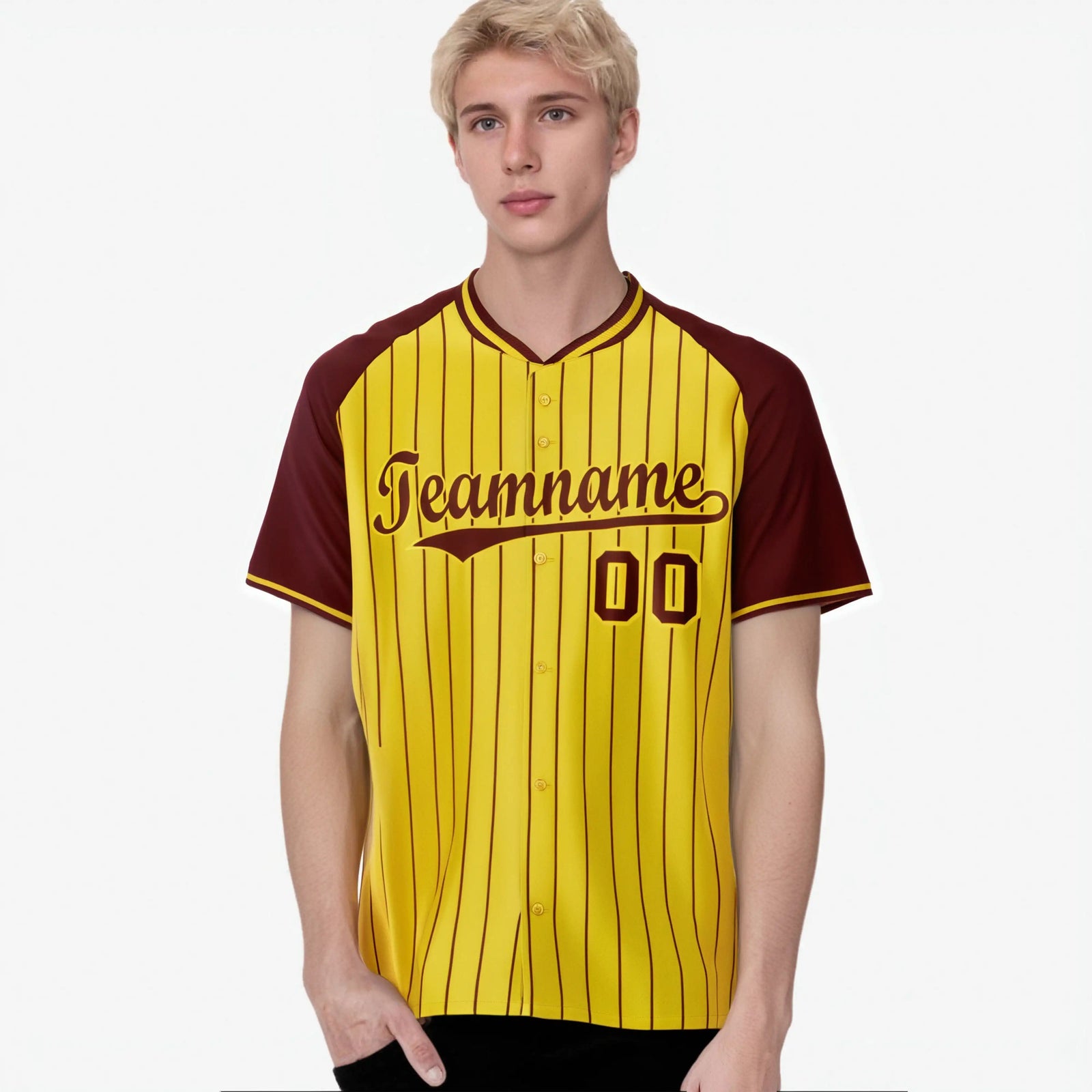 Custom Gold Crimson Pinstripe Gold Crimson Authentic Raglan Sleeves Baseball Jersey