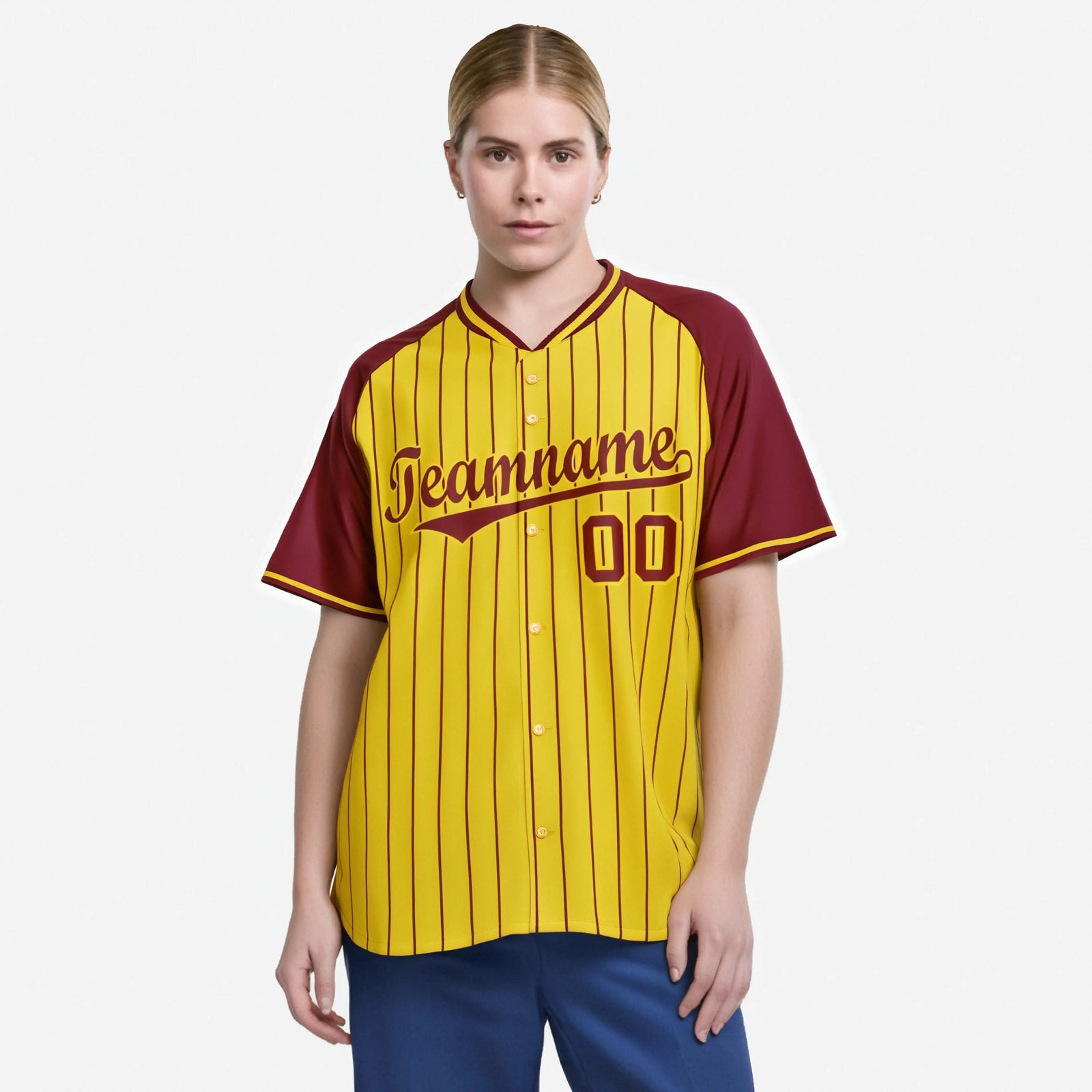 Custom Gold Crimson Pinstripe Gold Crimson Authentic Raglan Sleeves Baseball Jersey