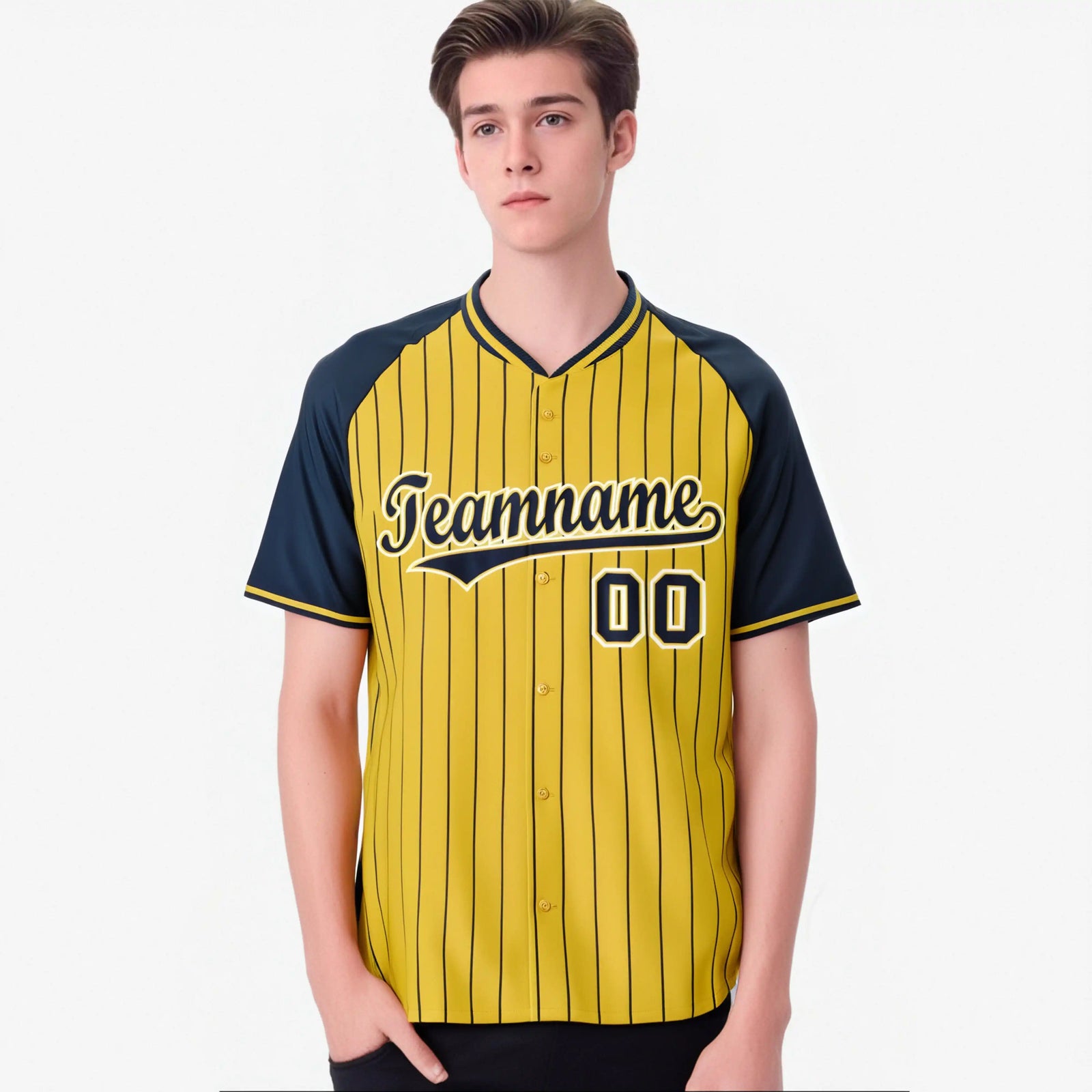 Custom Gold Navy Pinstripe Navy Gold Authentic Raglan Sleeves Baseball Jersey