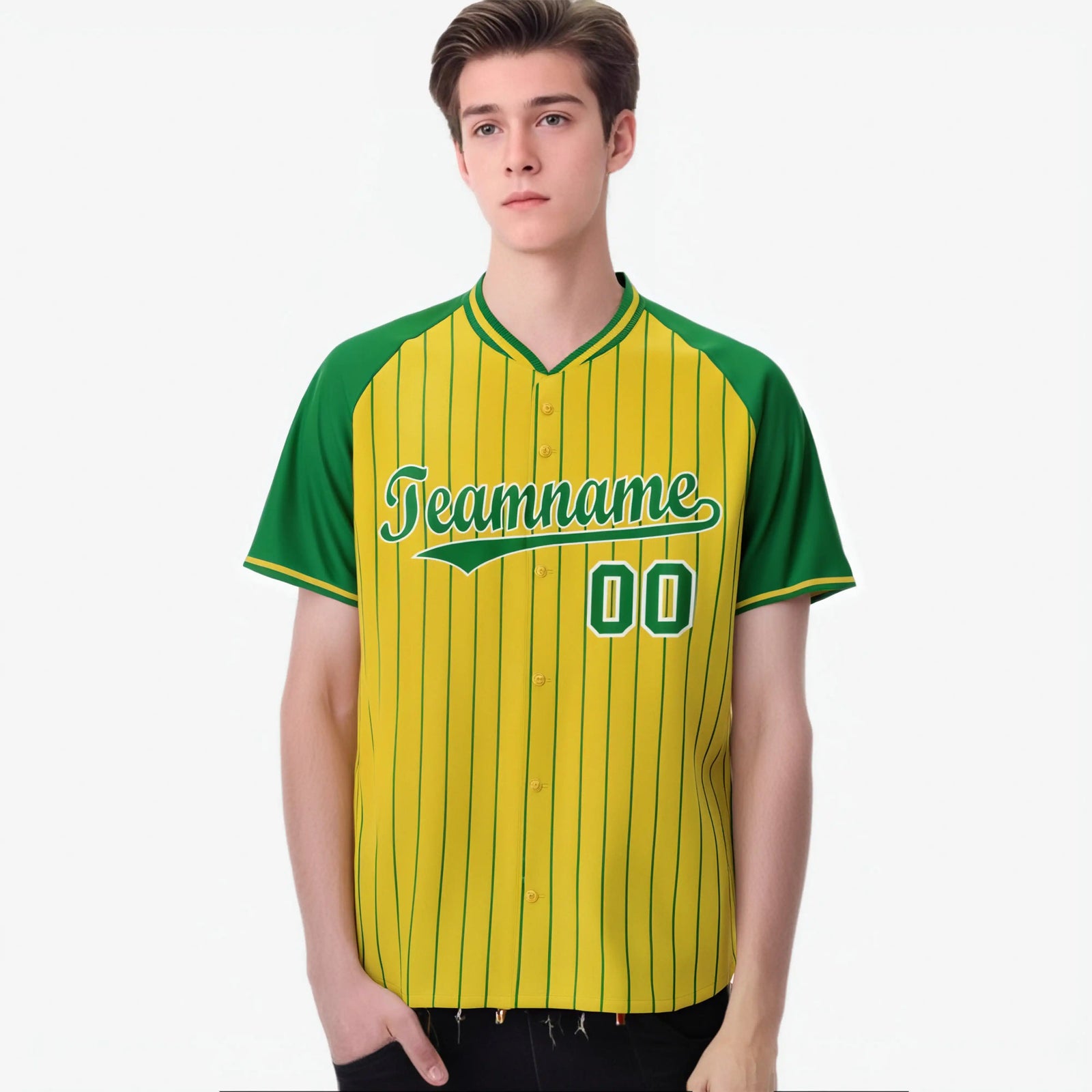 Custom Gold-Kelly Green Pinstripe Gold-Kelly Green Authentic Raglan Sleeves Baseball Jersey