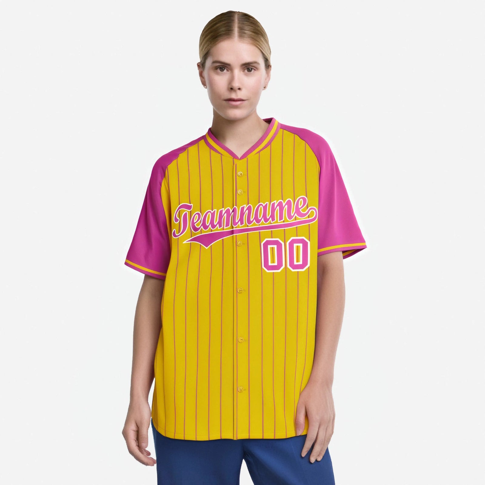 Custom Gold Pink Pinstripe Gold Pink Authentic Raglan Sleeves Baseball Jersey