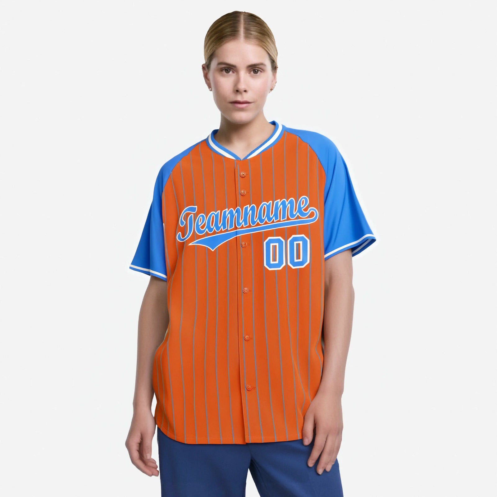 Custom Orange Blue Pinstripe Blue-Orange Authentic Raglan Sleeves Baseball Jersey