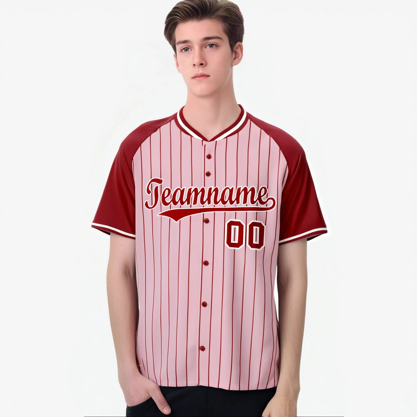 Custom Pink Red Pinstripe Red-Pink Authentic Raglan Sleeves Baseball Jersey