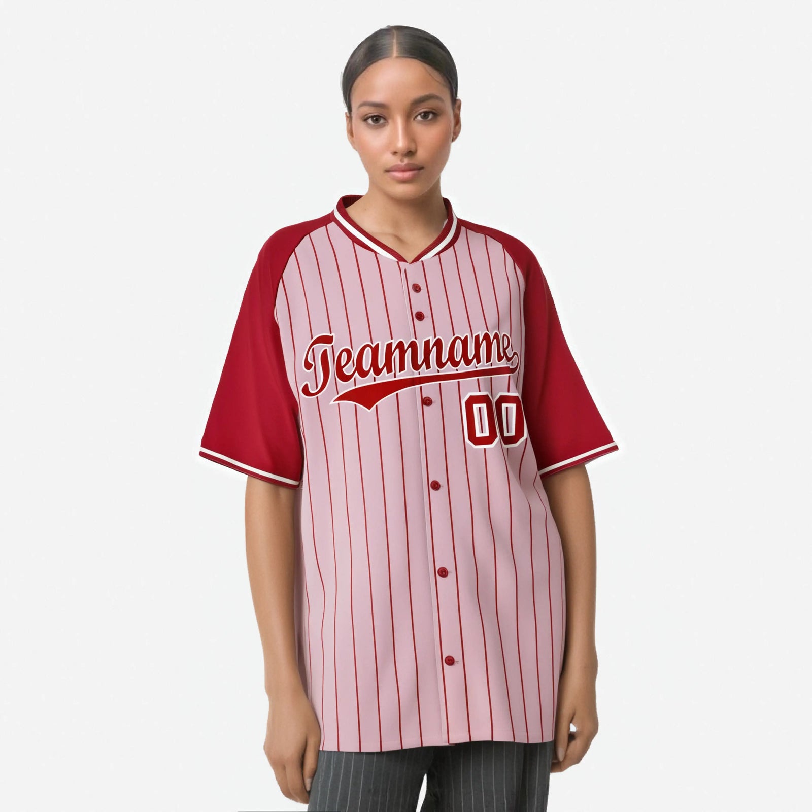Custom Pink Red Pinstripe Red-Pink Authentic Raglan Sleeves Baseball Jersey
