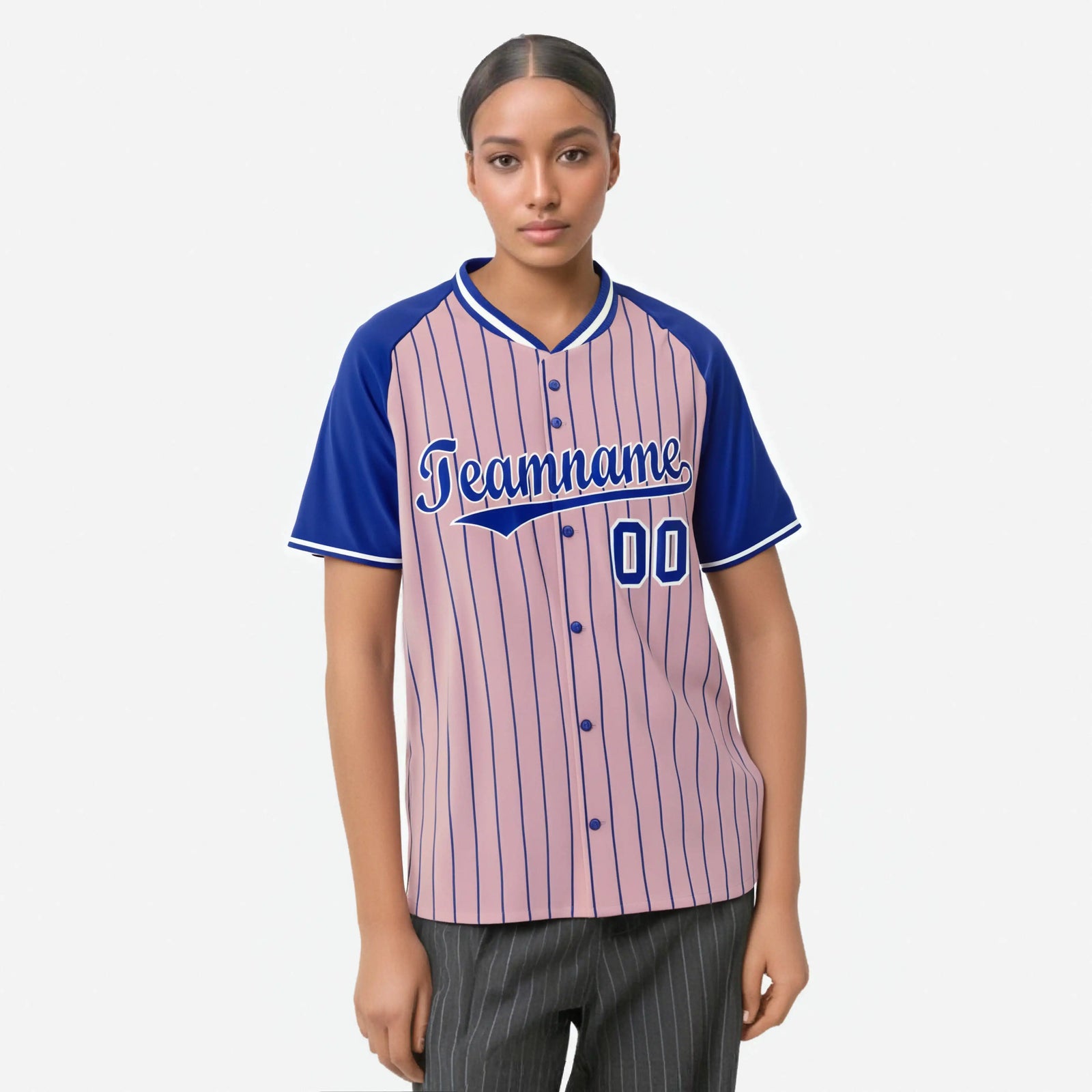 Custom Pink-Royal Blue Pinstripe Authentic Raglan Sleeves Baseball Jersey