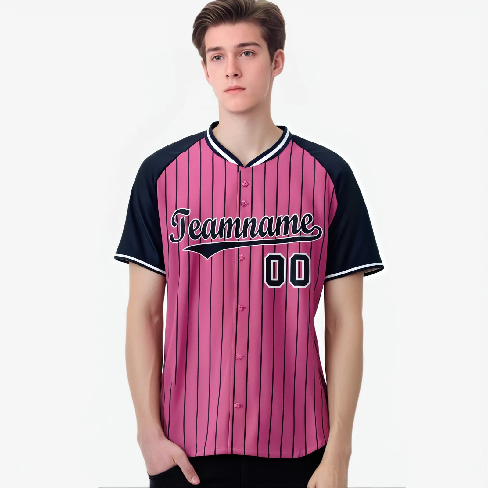 Custom Pink Navy Pinstripe Navy-Pink Authentic Raglan Sleeves Baseball Jersey