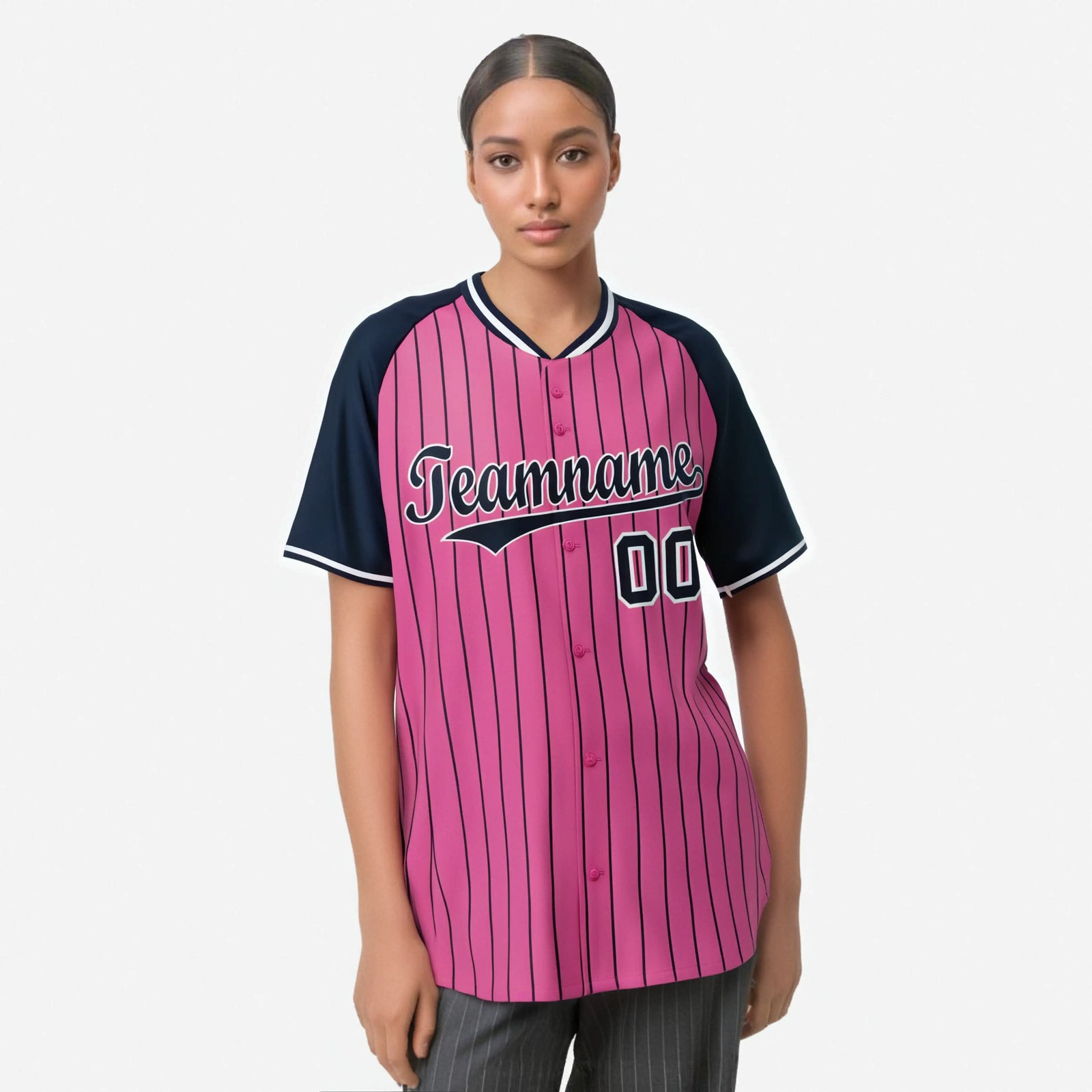 Custom Pink Navy Pinstripe Navy-Pink Authentic Raglan Sleeves Baseball Jersey