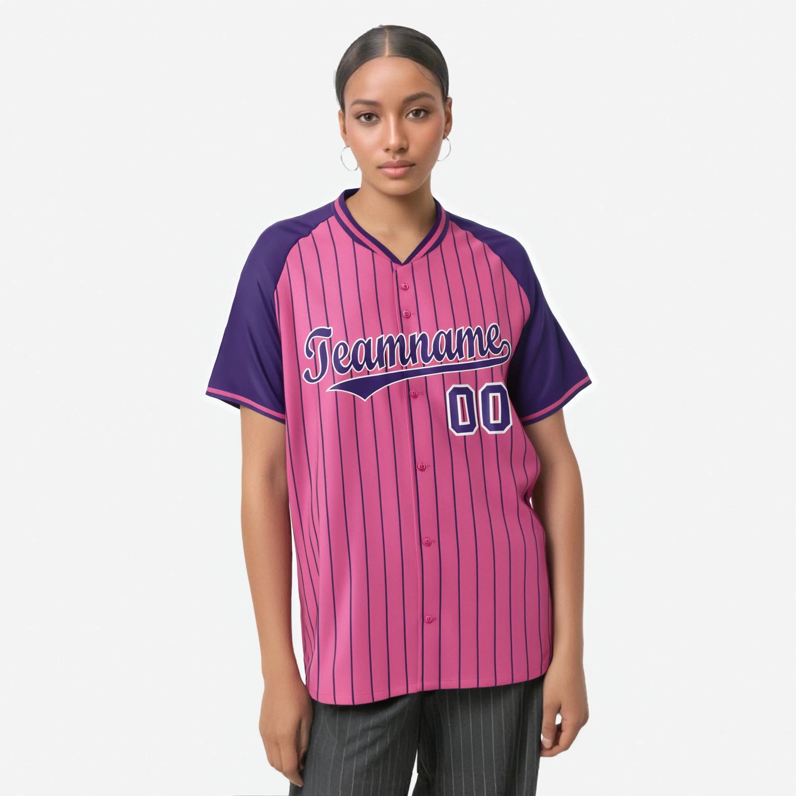 Custom Pink Purple Pinstripe Purple-Pink Authentic Raglan Sleeves Baseball Jersey