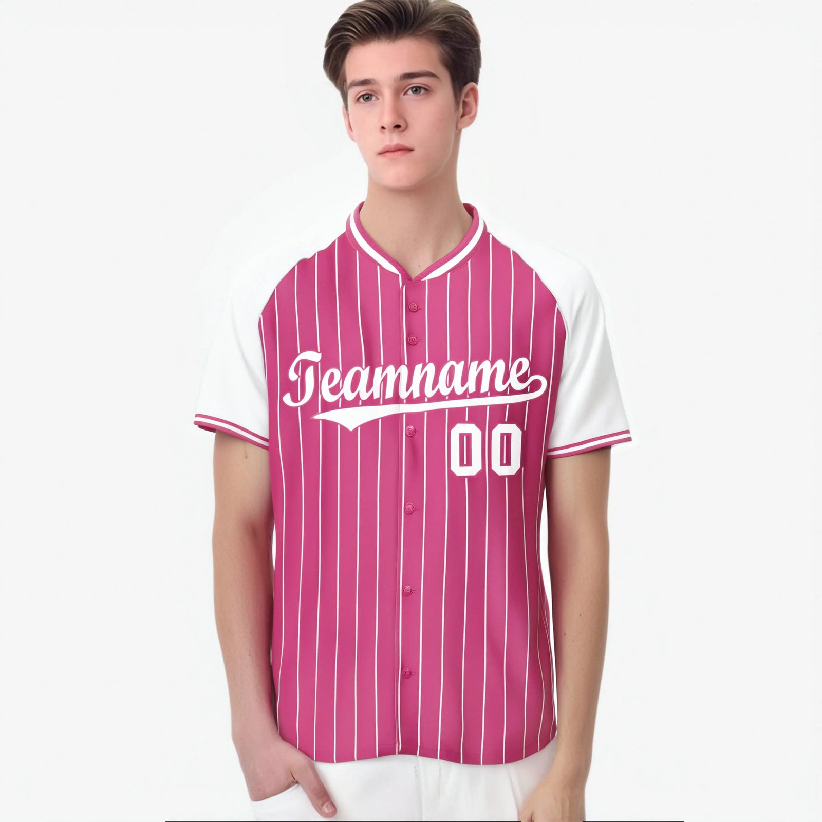 Custom Pink White Pinstripe White-Pink Authentic Raglan Sleeves Baseball Jersey