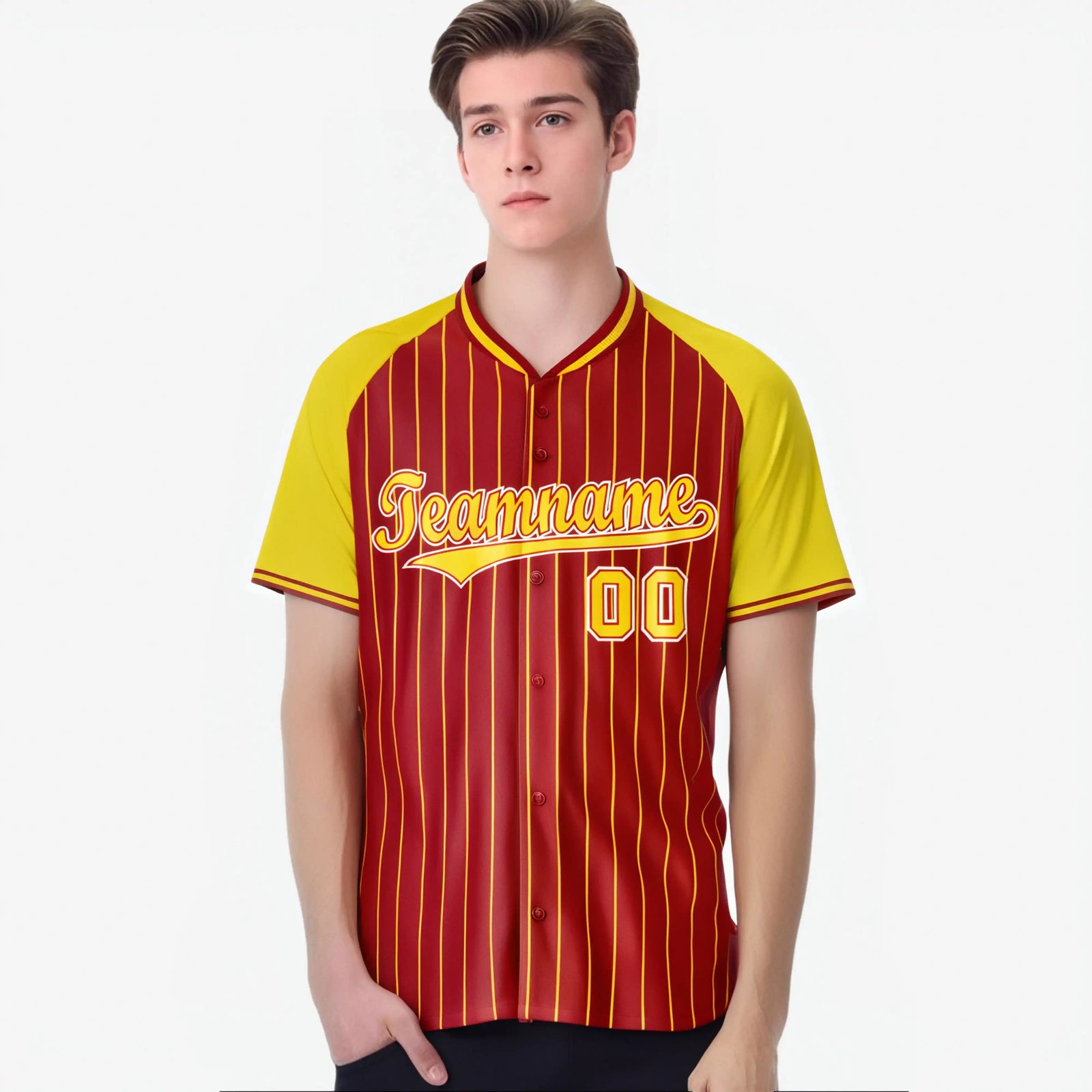 Custom Red Gold Pinstripe Authentic Raglan Sleeves Baseball Jersey