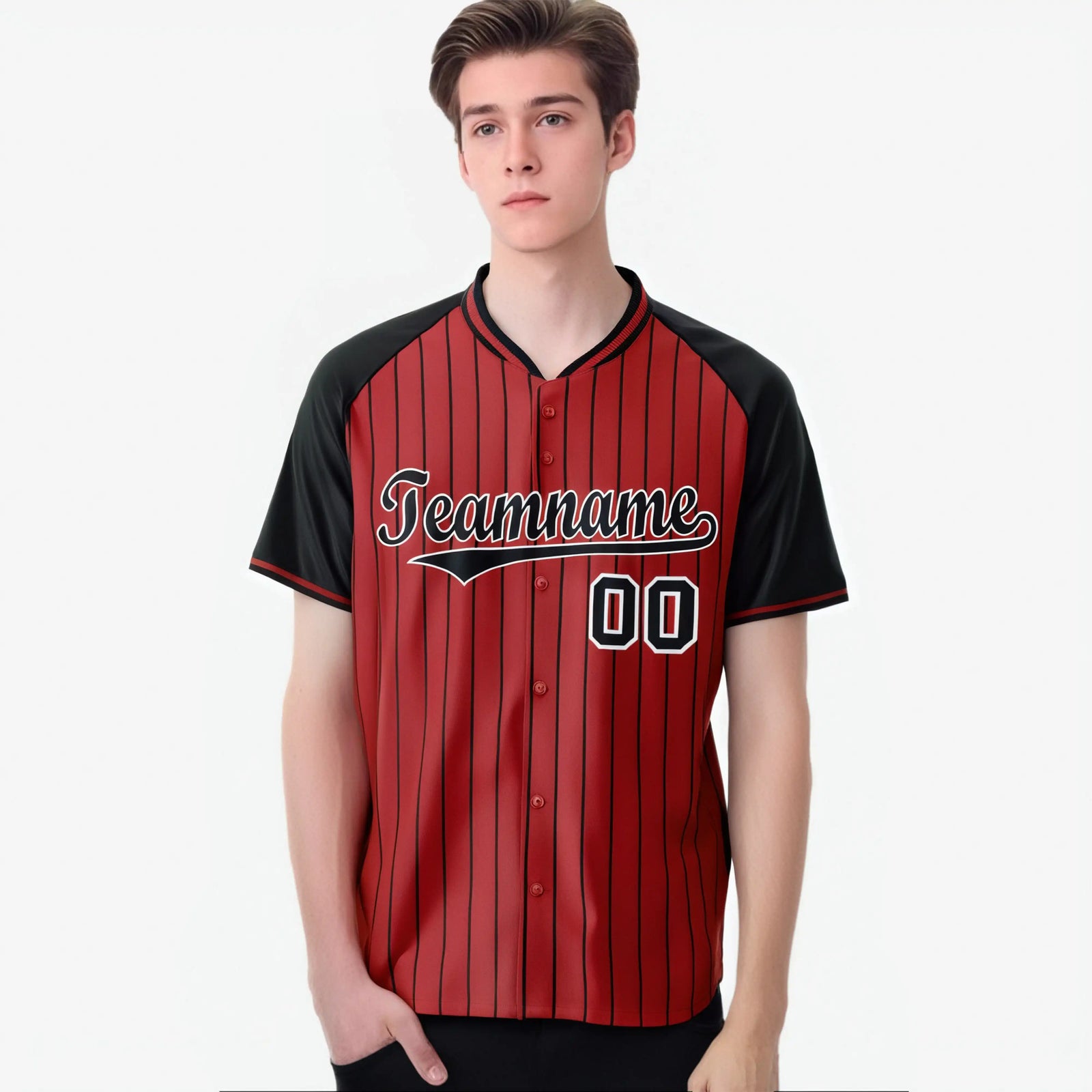 Custom Red Black Pinstripe Black-Red Authentic Raglan Sleeves Baseball Jersey