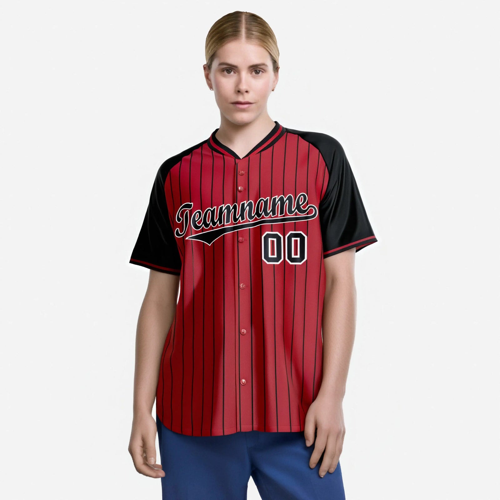 Custom Red Black Pinstripe Black-Red Authentic Raglan Sleeves Baseball Jersey