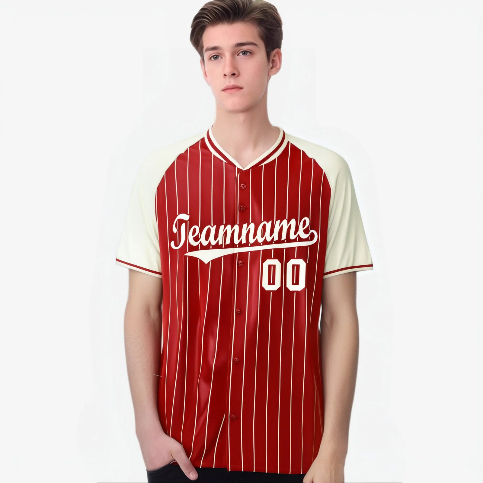 Custom Red Cream Pinstripe Cream-Red Authentic Raglan Sleeves Baseball Jersey