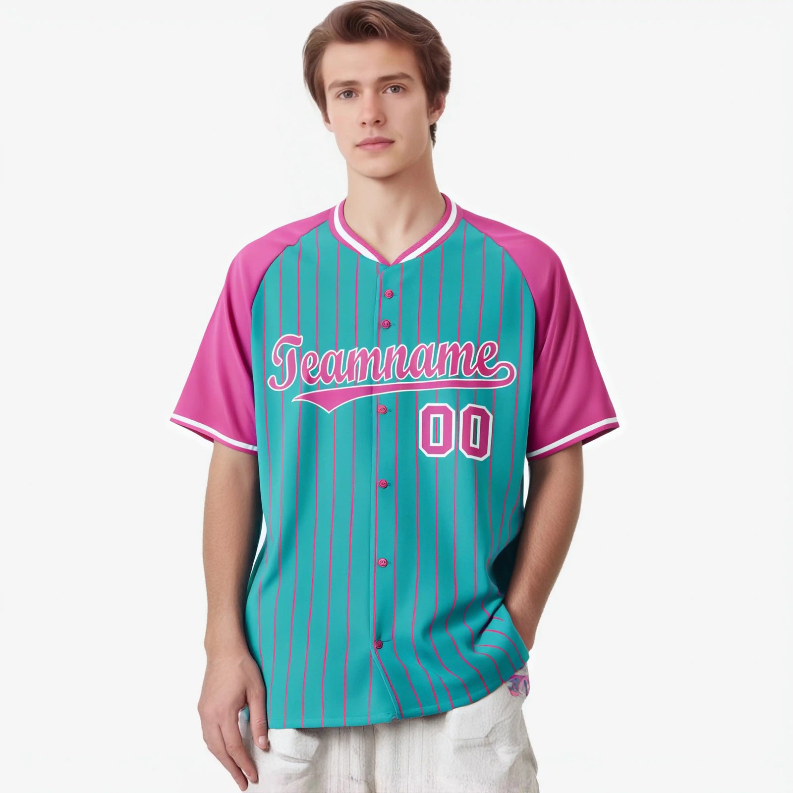 Custom Bright Green-Pink Pinstripe Authentic Raglan Sleeves Baseball Jersey