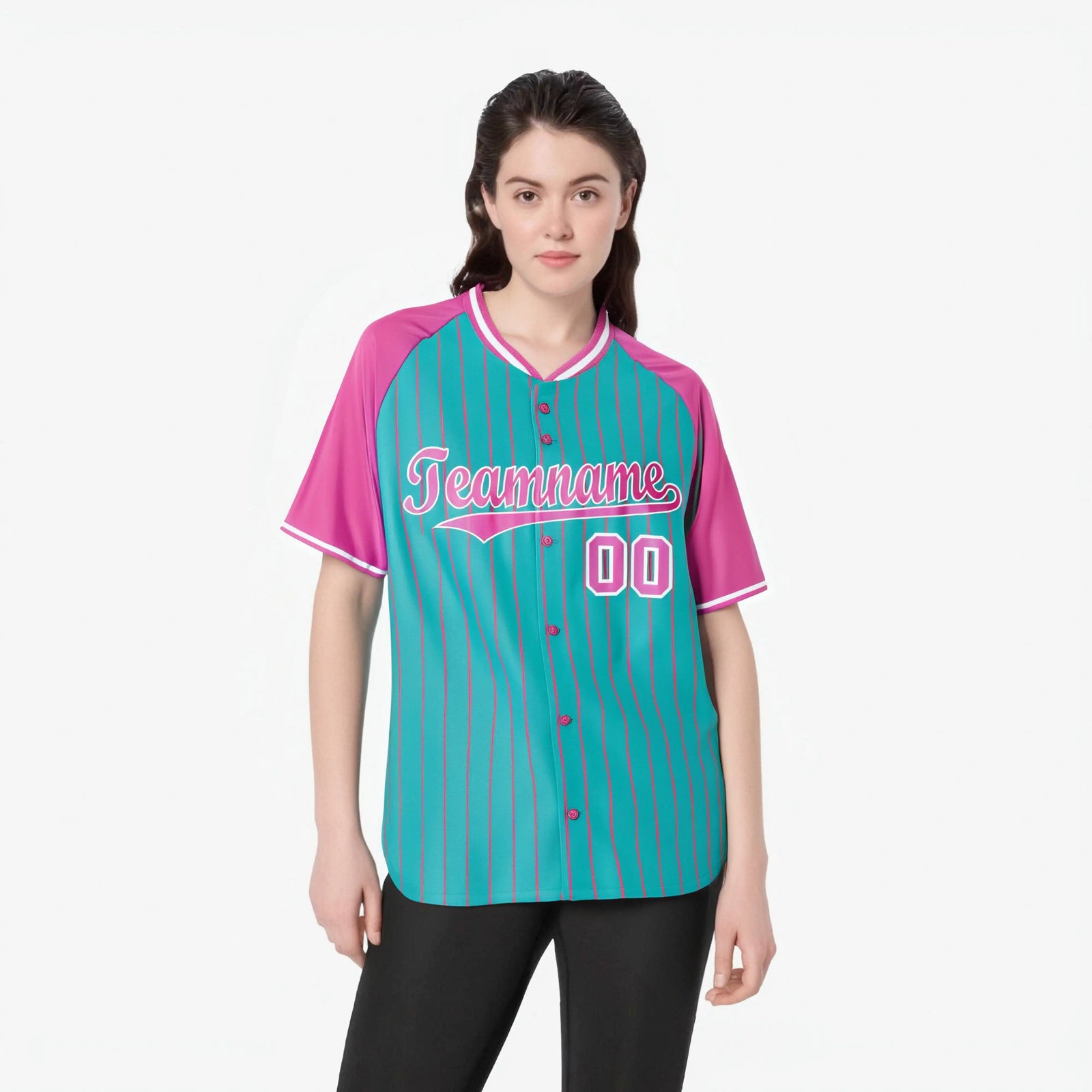 Custom Bright Green-Pink Pinstripe Authentic Raglan Sleeves Baseball Jersey