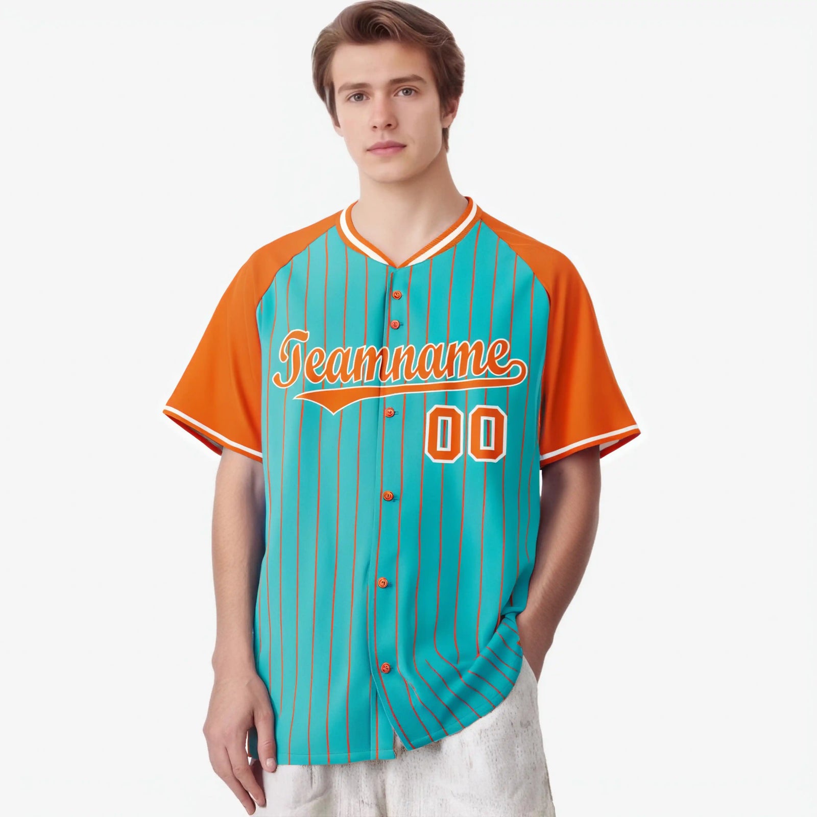 Custom Bright Green-Orange Pinstripe Authentic Raglan Sleeves Baseball Jersey