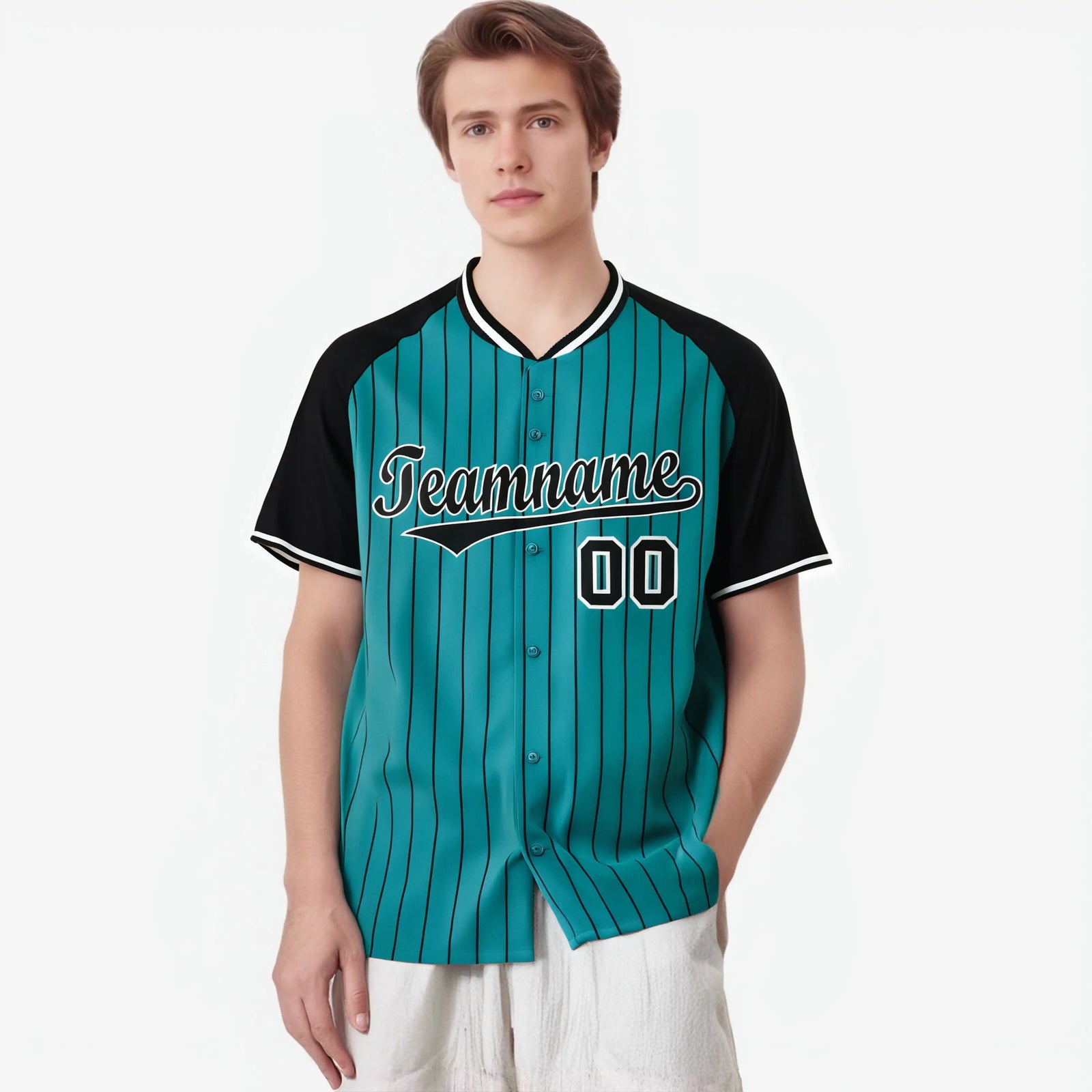Custom Aqua Black Pinstripe Black-Aqua Authentic Raglan Sleeves Baseball Jersey