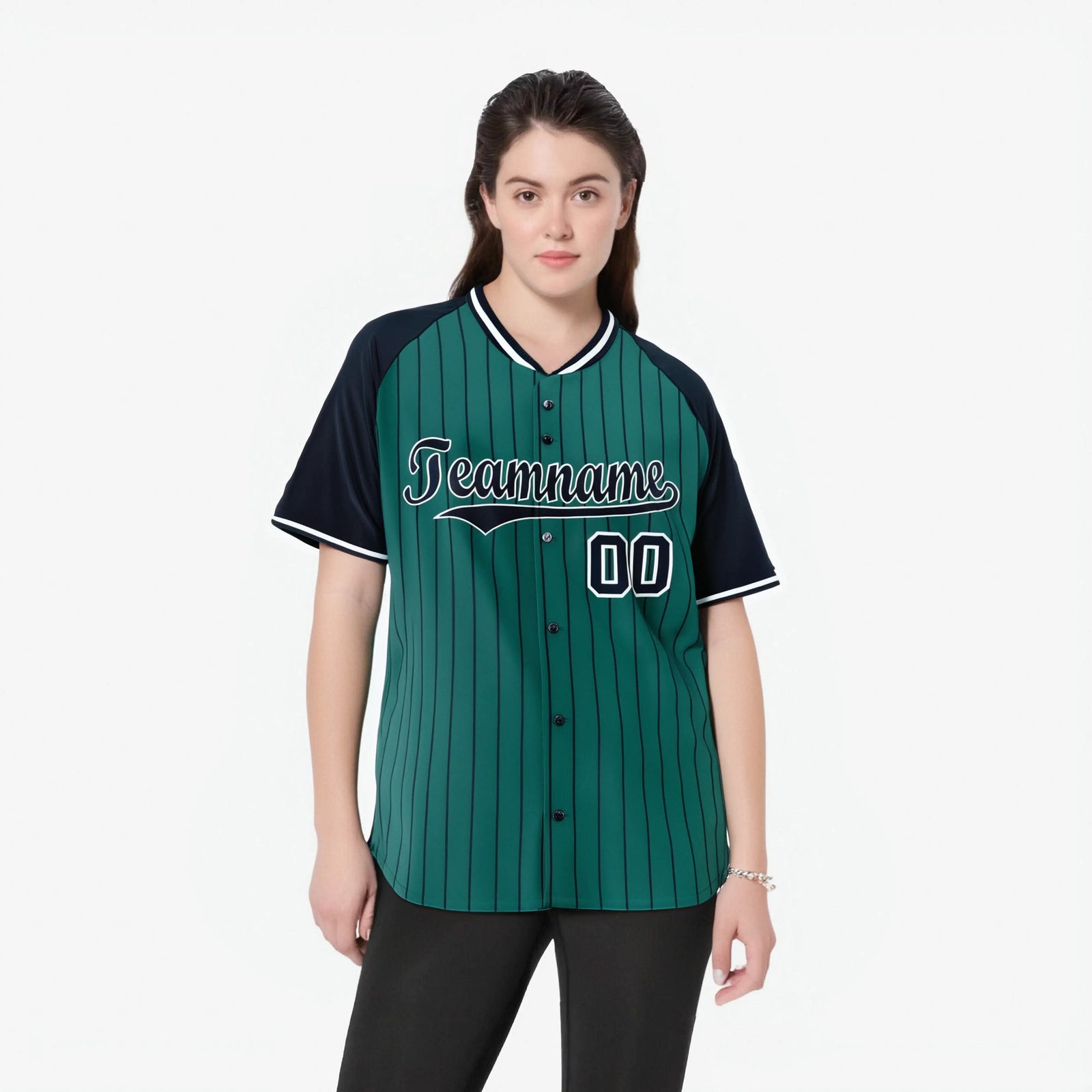 Custom Aqua Black Pinstripe Black-Aqua Authentic Raglan Sleeves Baseball Jersey