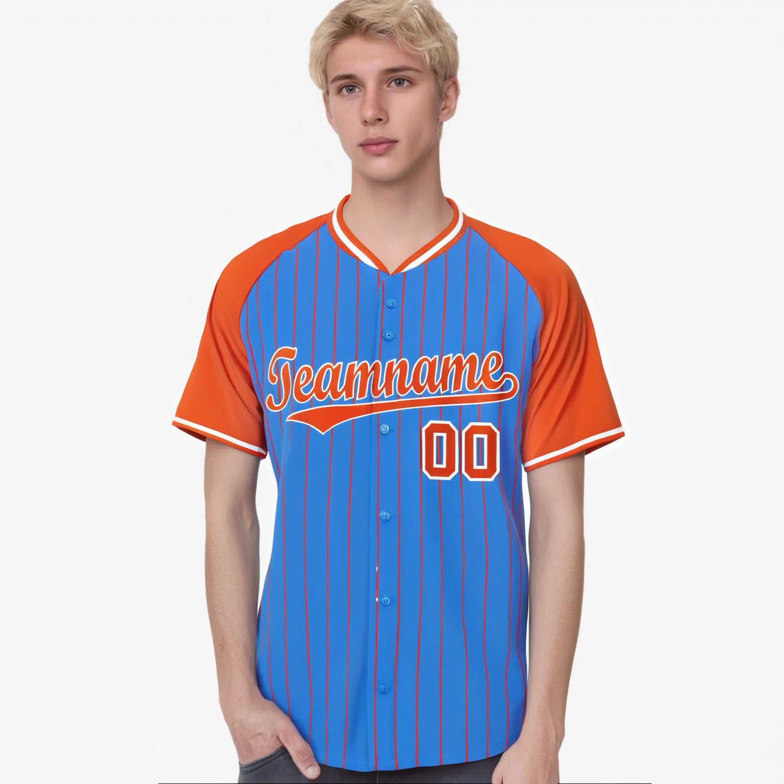 Custom Blue Orange Pinstripe Orange-Blue Authentic Raglan Sleeves Baseball Jersey