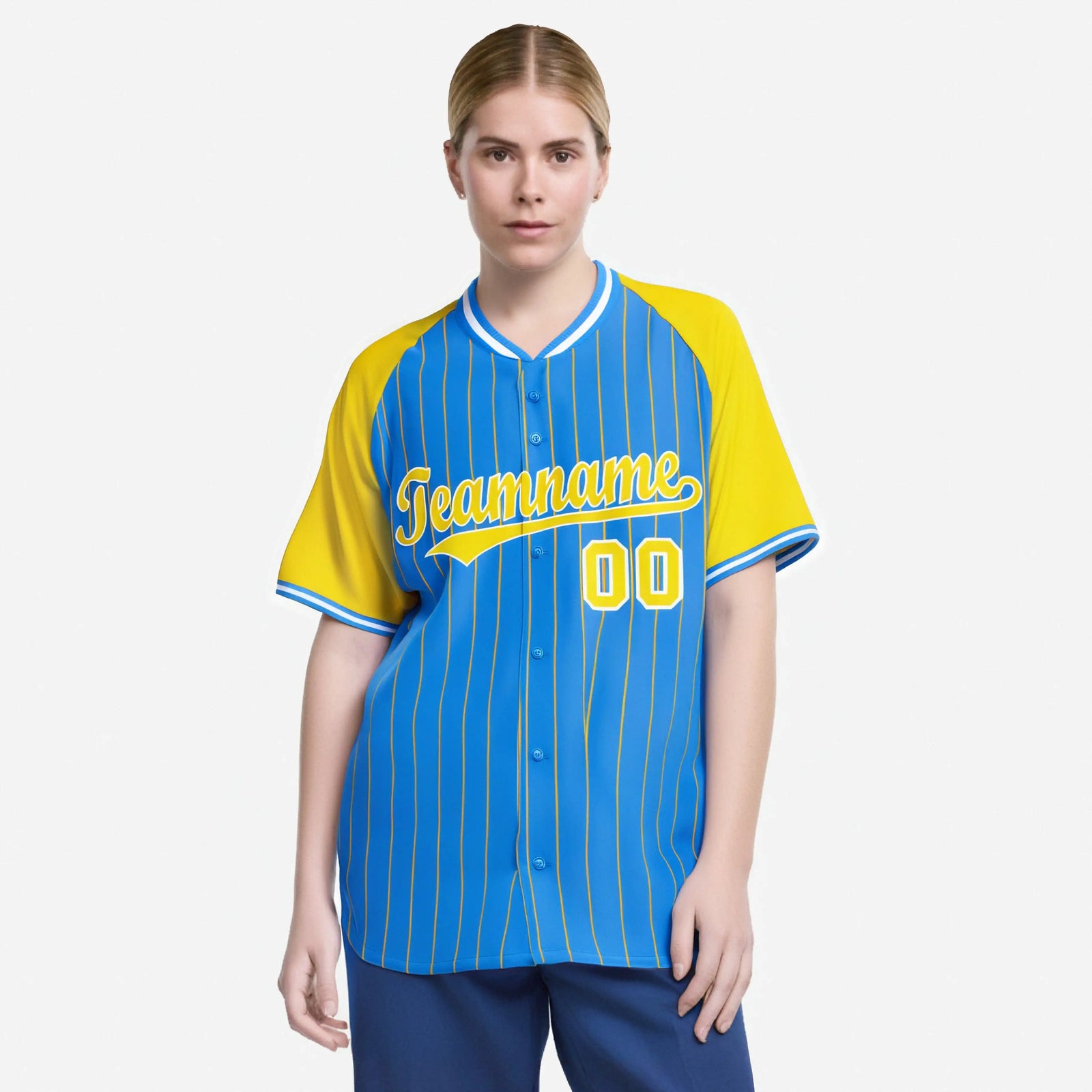 Custom Blue Yellow Pinstripe Yellow-Blue Authentic Raglan Sleeves Baseball Jersey