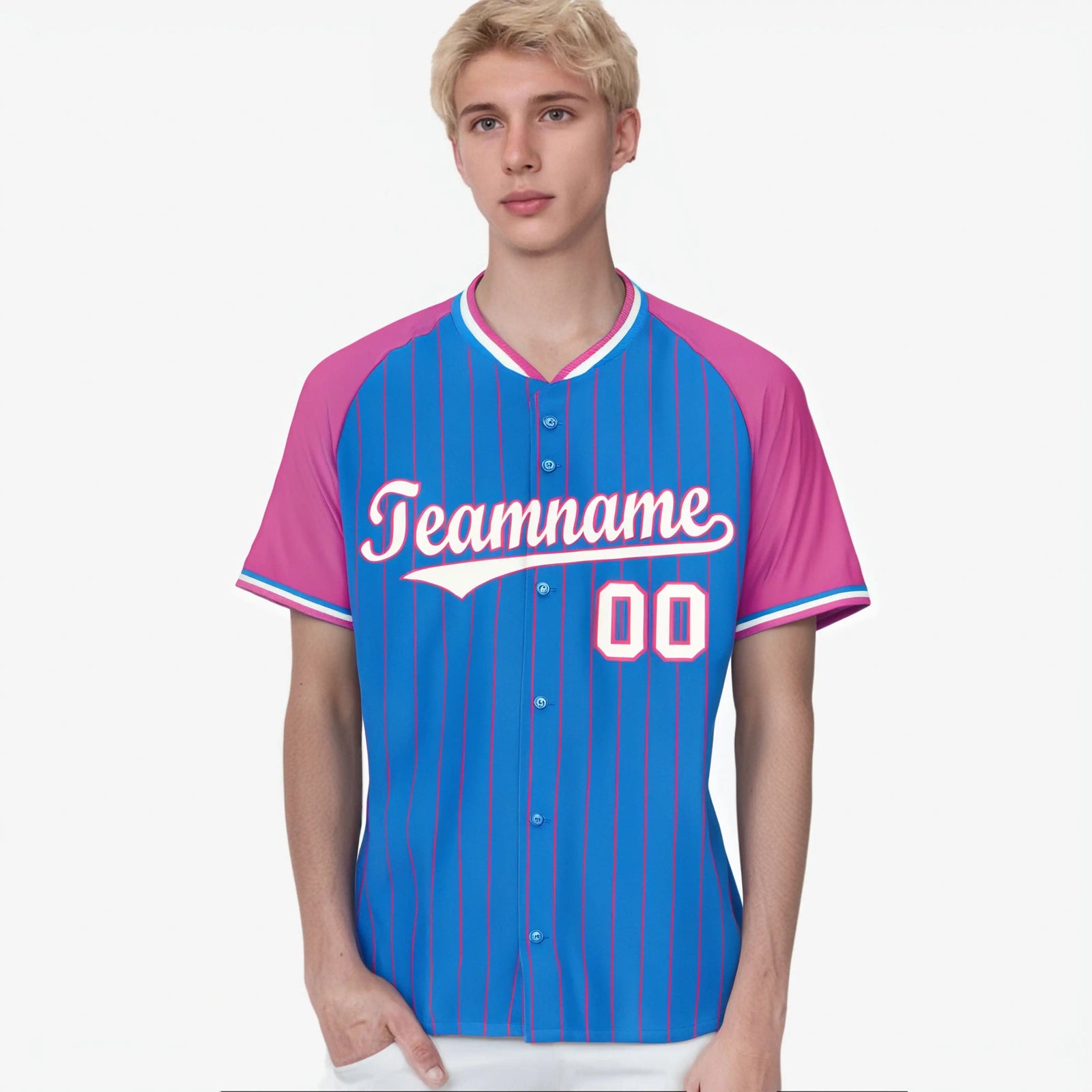 Custom Blue Pink Pinstripe Pink-Blue Authentic Raglan Sleeves Baseball Jersey