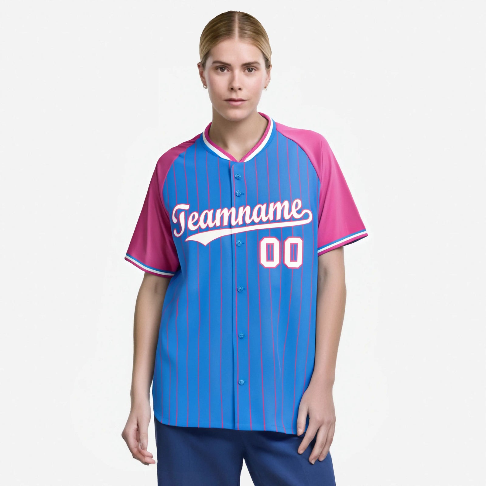 Custom Blue Pink Pinstripe Pink-Blue Authentic Raglan Sleeves Baseball Jersey