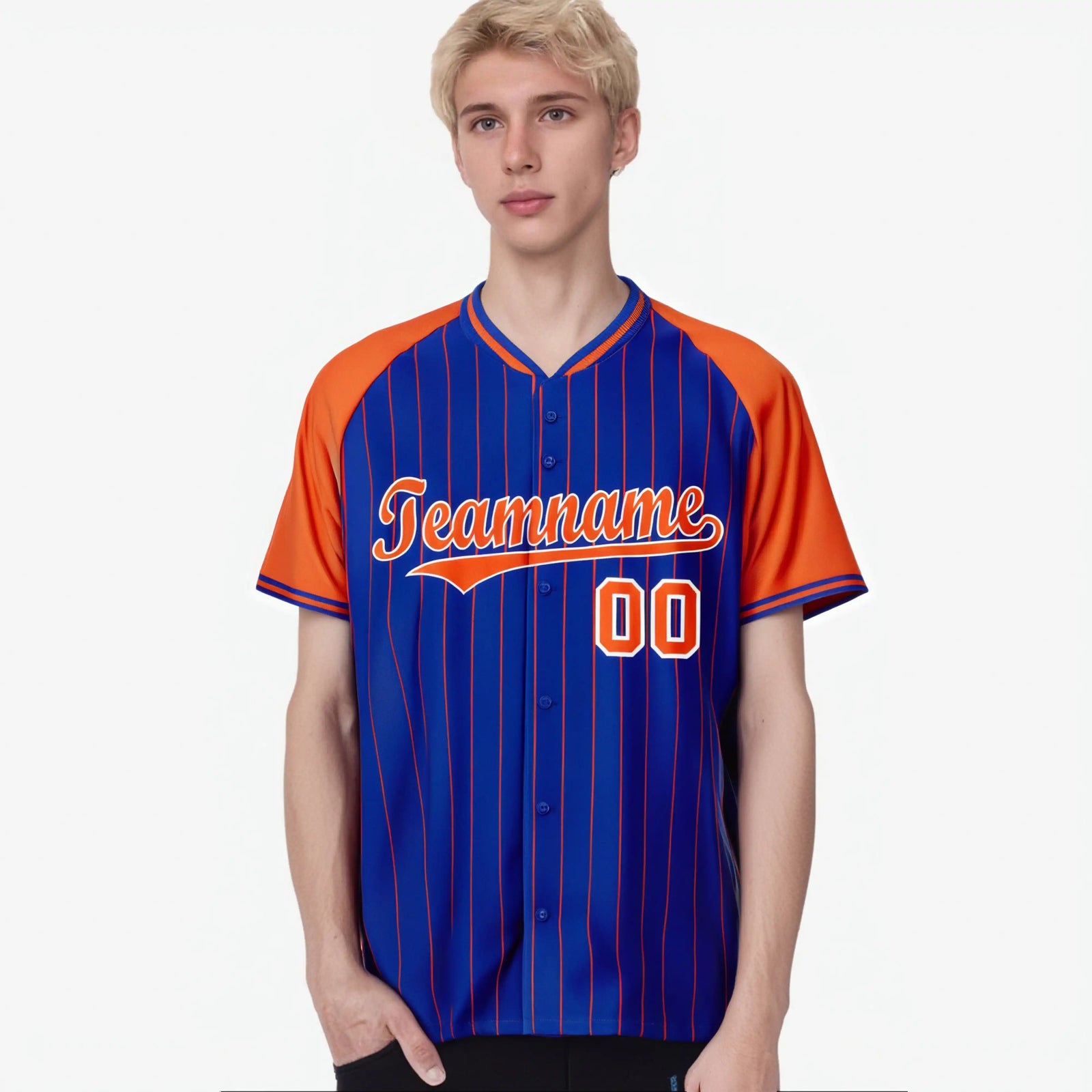 Custom Royal Blue-Orange Pinstripe Authentic Raglan Sleeves Baseball Jersey