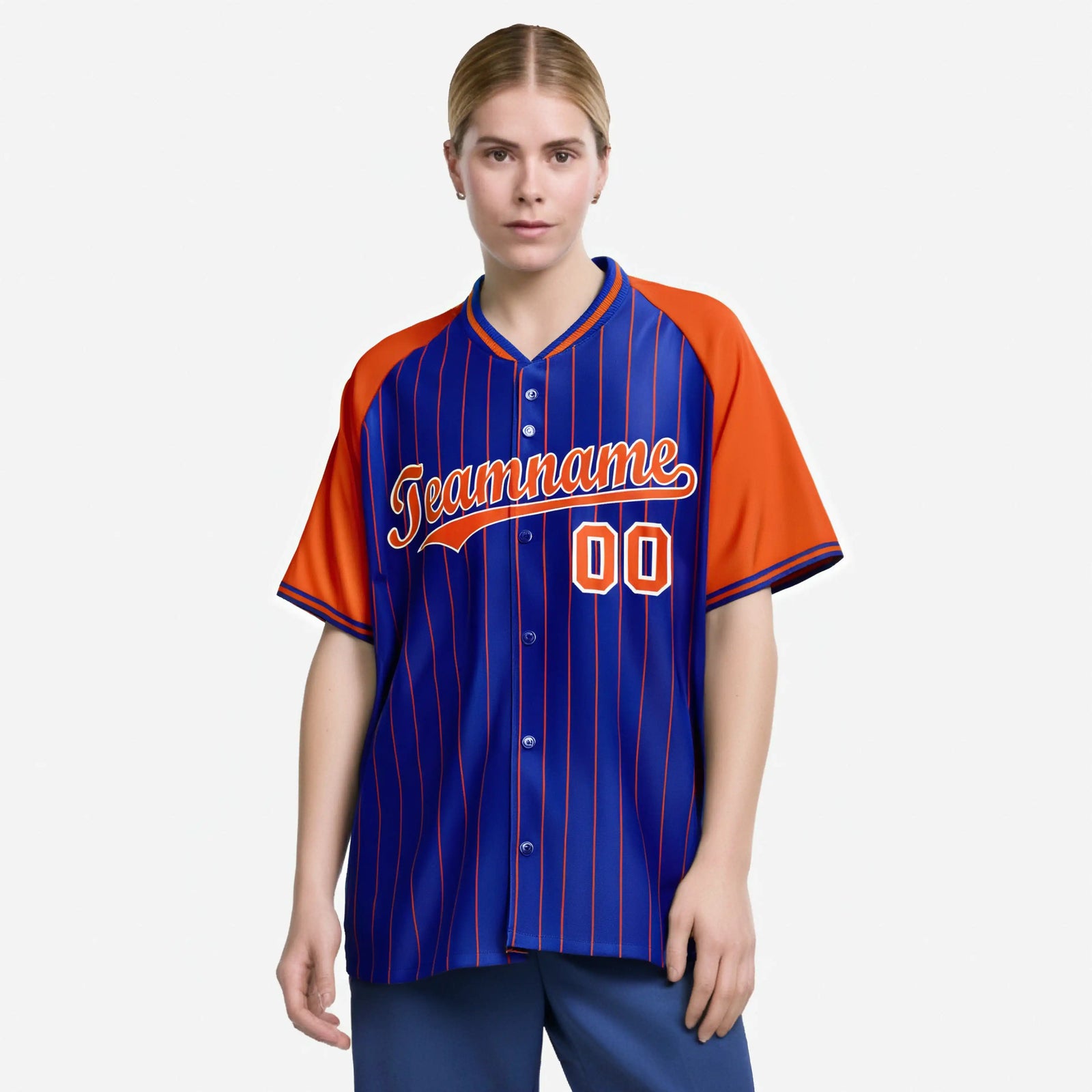 Custom Royal Blue-Orange Pinstripe Authentic Raglan Sleeves Baseball Jersey
