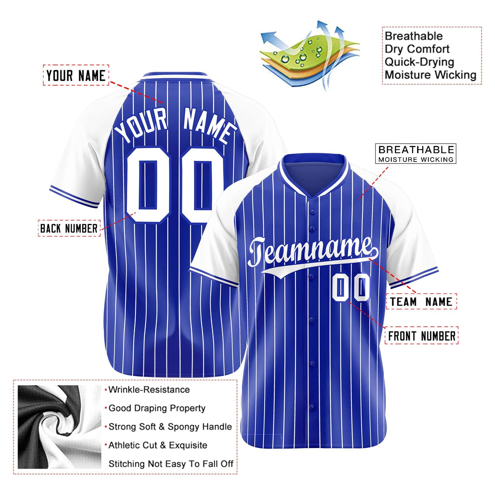 Custom Royal Blue-White Pinstripe Authentic Raglan Sleeves Baseball Jersey