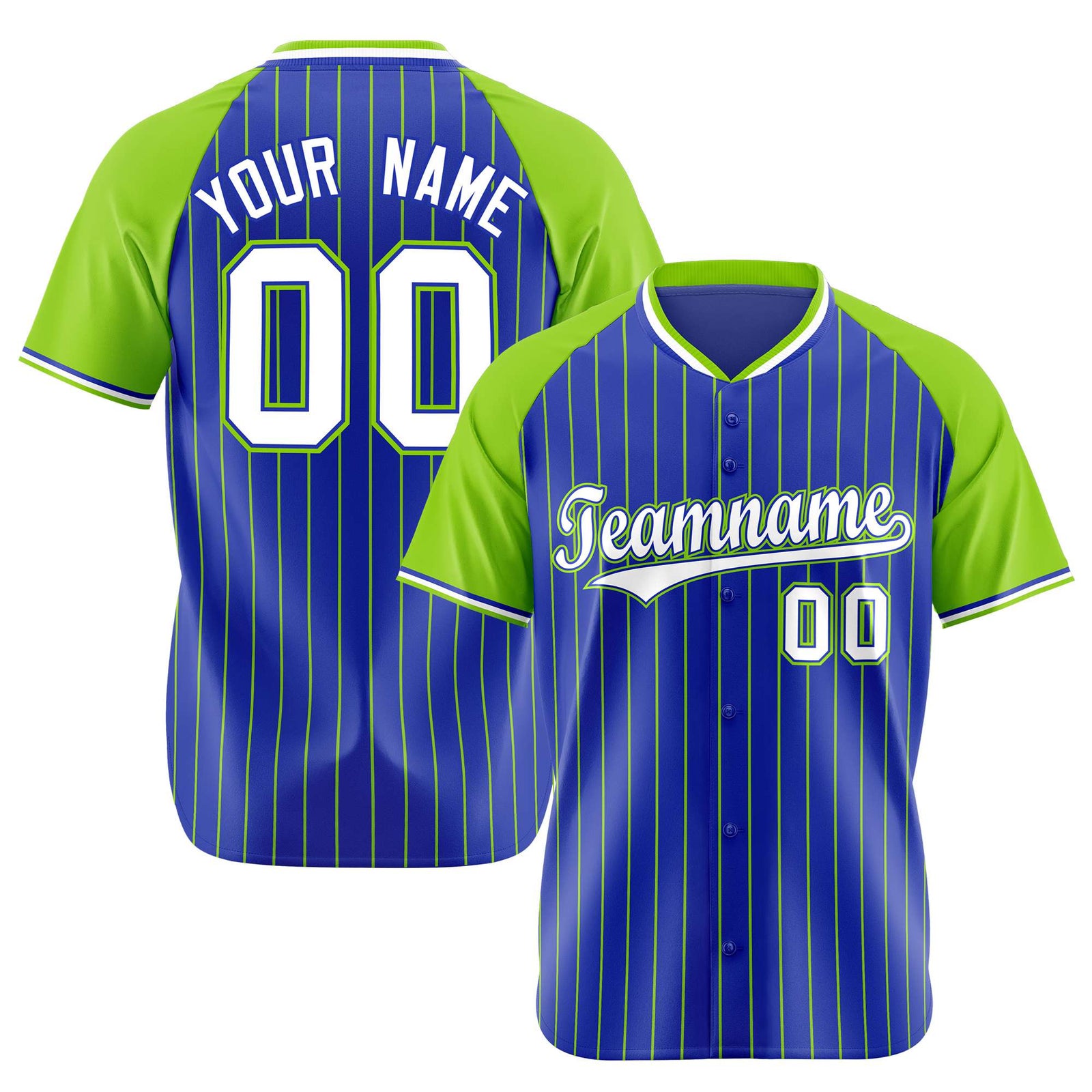Custom Royal Blue-Green Pinstripe Authentic Raglan Sleeves Baseball Jersey